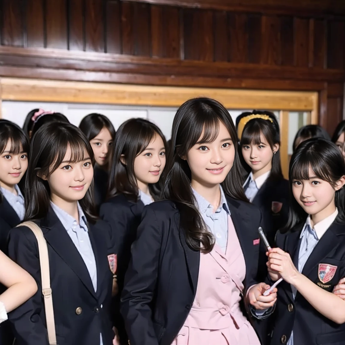 a picture、(((multiple girls))),((((6+girls)))),((((100girls)))),(((1000girls)))、((((100 Girls))))、(((crowd shot))),Women only、The same face、matching school uniform、************、Long black hair、100 cute girls、ssmile、Selfie stick、‎Classroom、Raw photo、(((Large group)))、a junior high school student,during daytime