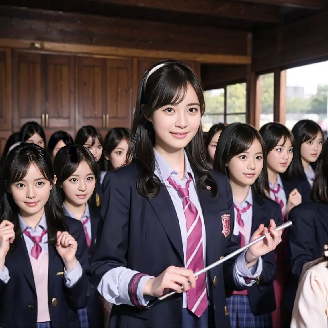 a picture、(((multiple girls))),((((6+girls)))),((((100girls)))),(((1000girls)))、((((100 Girls))))、(((crowd shot))),Women only、The same face、matching school uniform、12 years old、Long black hair、100 cute girls、ssmile、Selfie stick、Classroom、Raw photo、(((Large group)))、a junior high school student,during daytime