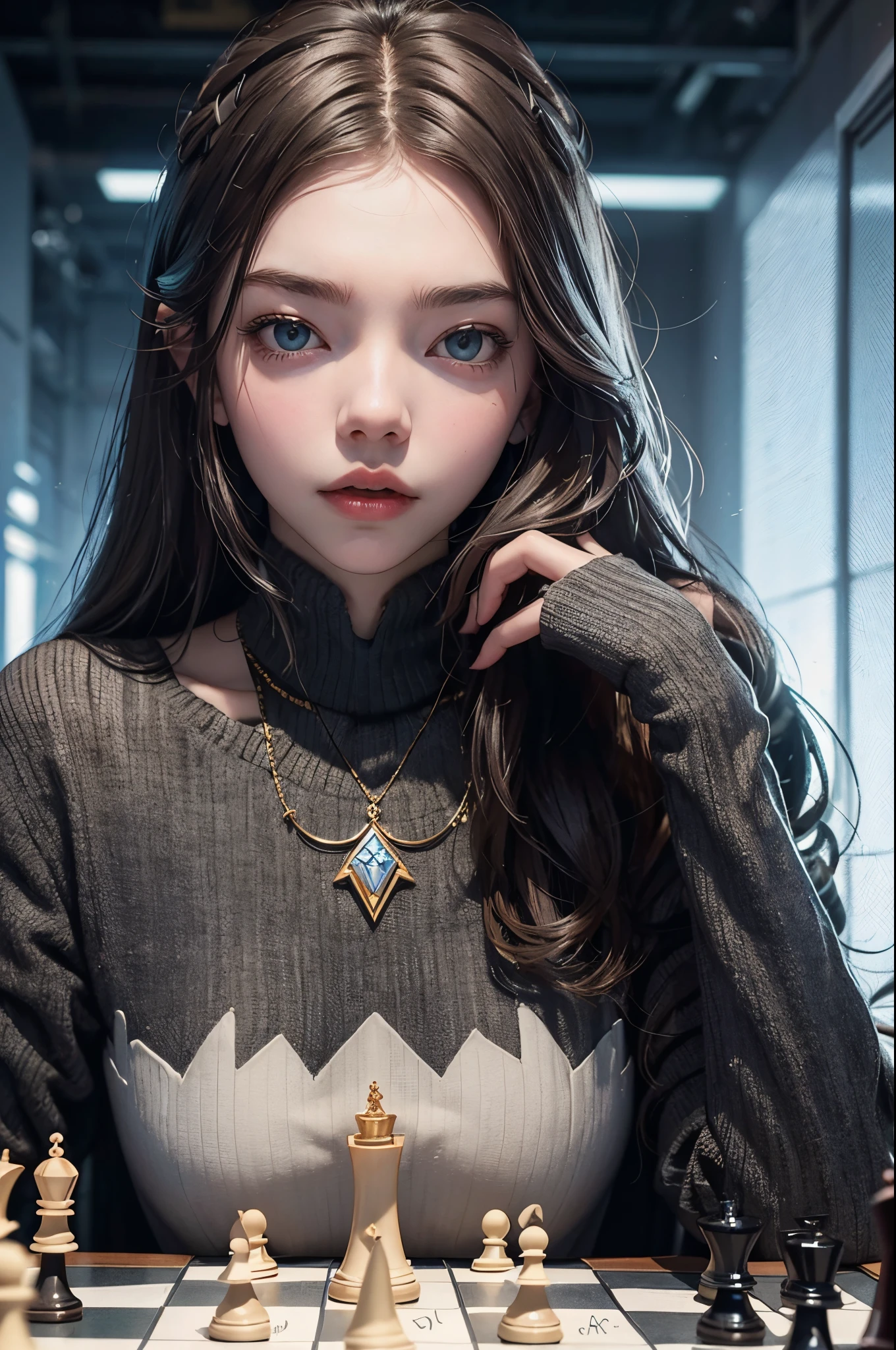 "Generate an AI image depicting Anya Taylor-Joy in the role of a chess player, showcasing her intensity and strategic thinking at the chessboard."