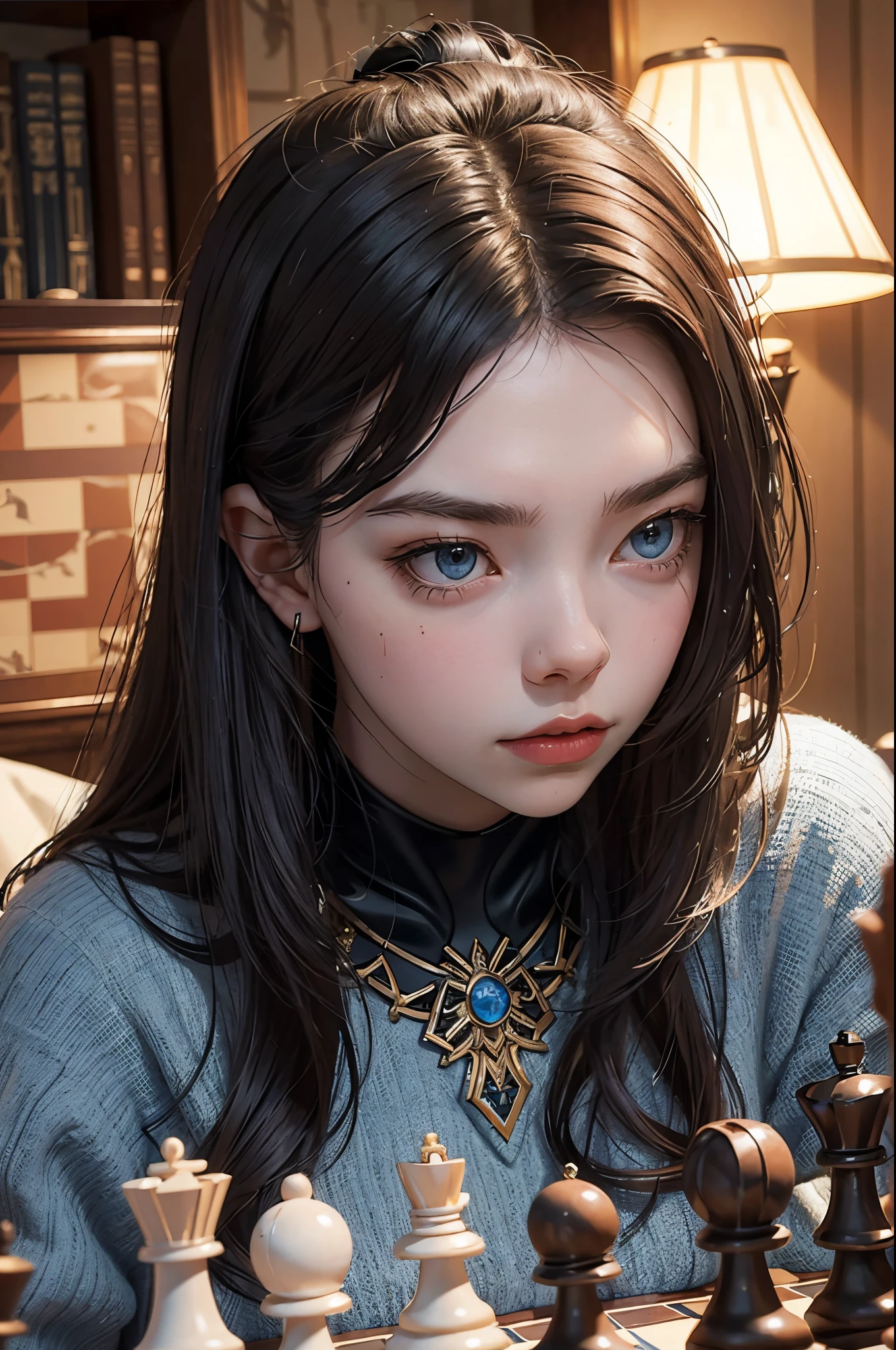 "Generate an AI image depicting Anya Taylor-Joy in the role of a chess player, showcasing her intensity and strategic thinking at the chessboard."