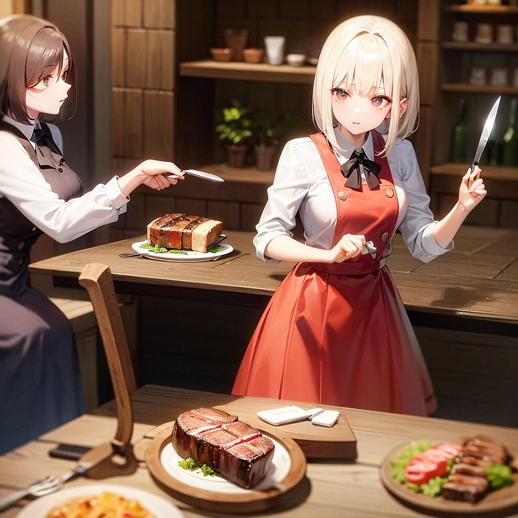 wait to be eaten, Steak grilled on an iron plate, in the steak shop, one brown bob hair woman, Knife in right hand, fork in left hand, sit down chair.