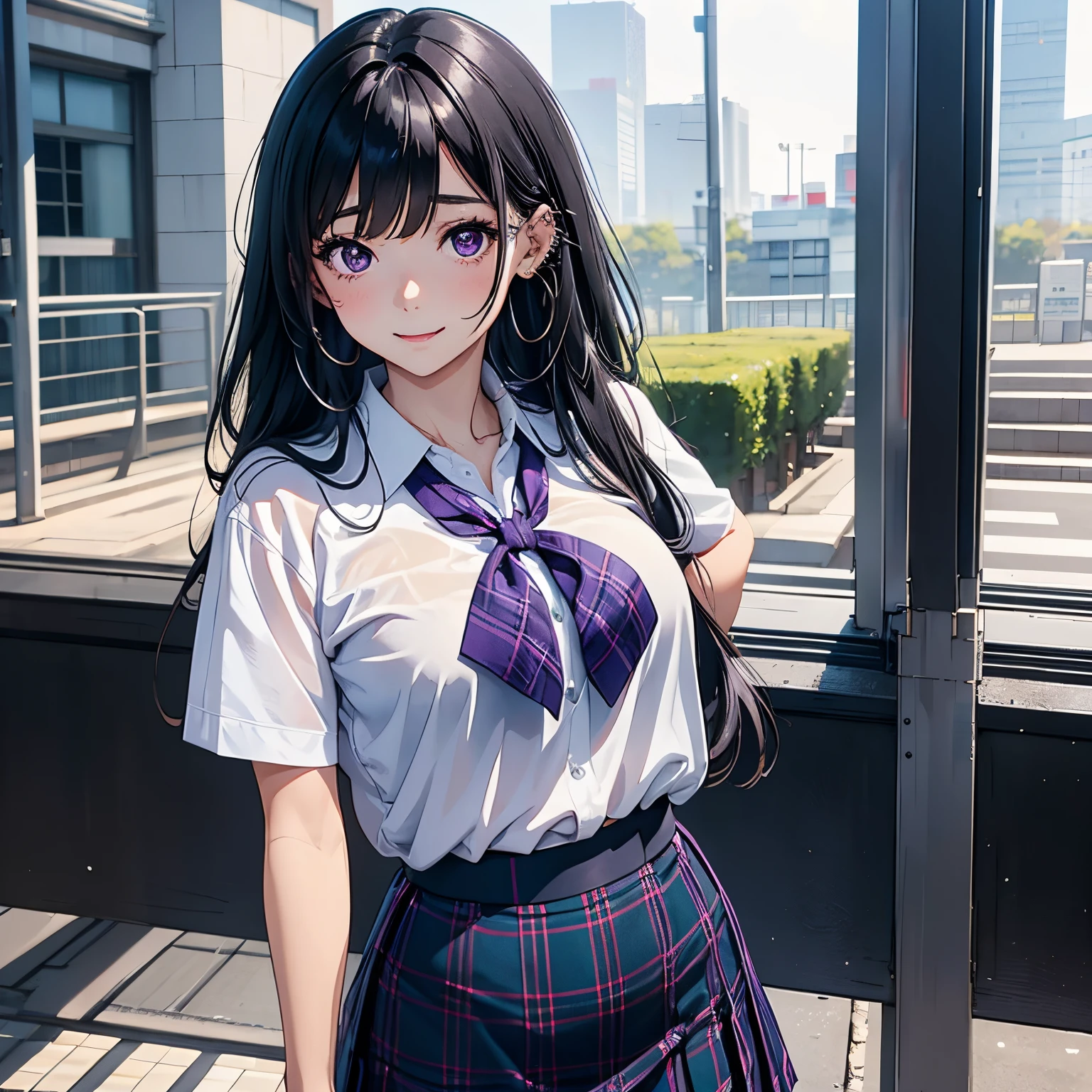 Young girl, black hair, assymetric hair, symetric bangs,japanese student outfit, dark green plaid skirt, nose and ear piercings, purple highlights in hair, bulging eyes, happy expression, in one school, japanese school, 4k, masterpiece, Anime, HD,