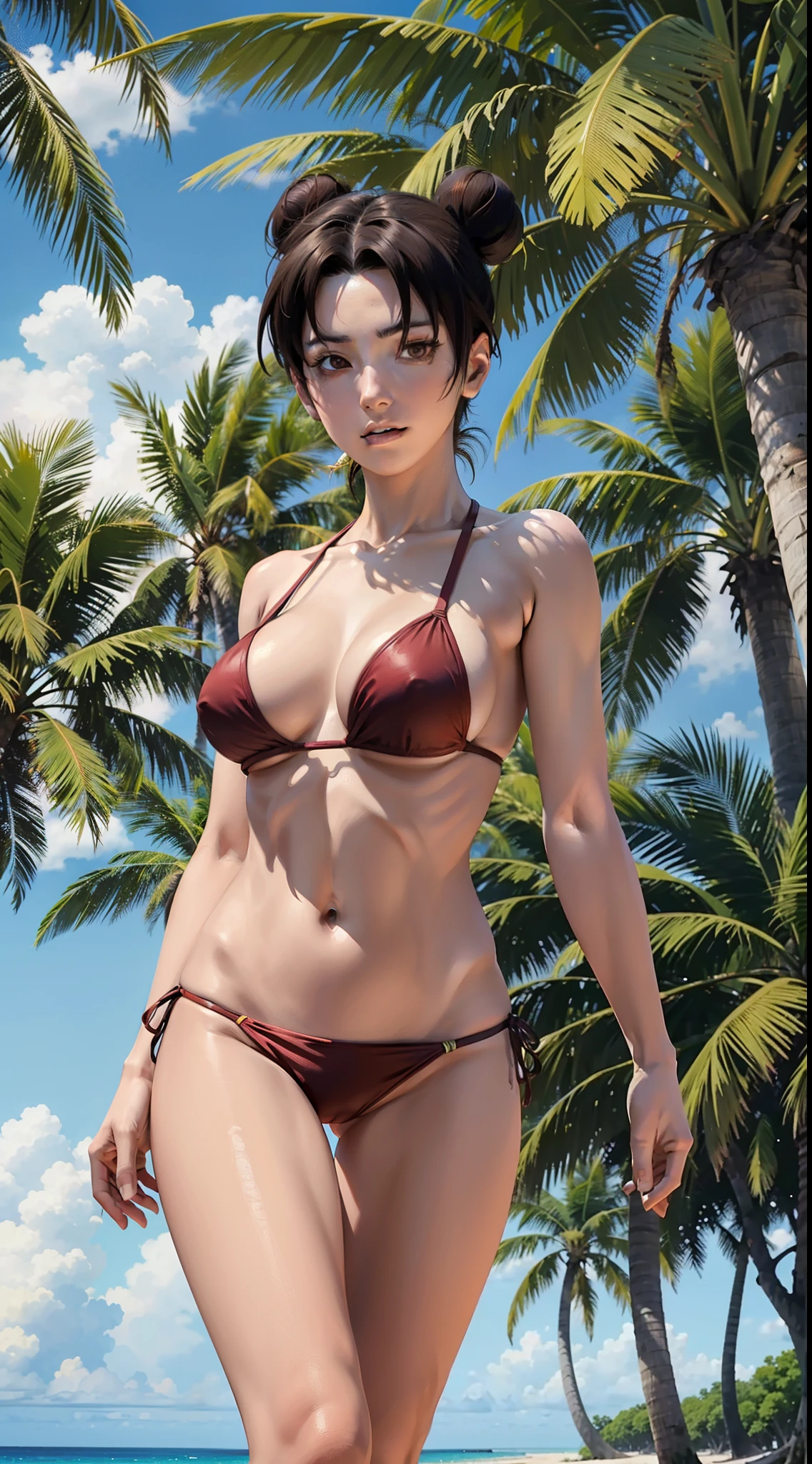 tenten from anime naruto, brown hair, wearing mascara, perfect body, perfect breasts, beautiful woman, very beautiful, wearing a beach bikini, brown bikini , being on the beach, coconut trees, Realism, masterpiece, textured skin, super detailed, high detail, high quality, best quality, 1080P, HD, 16k