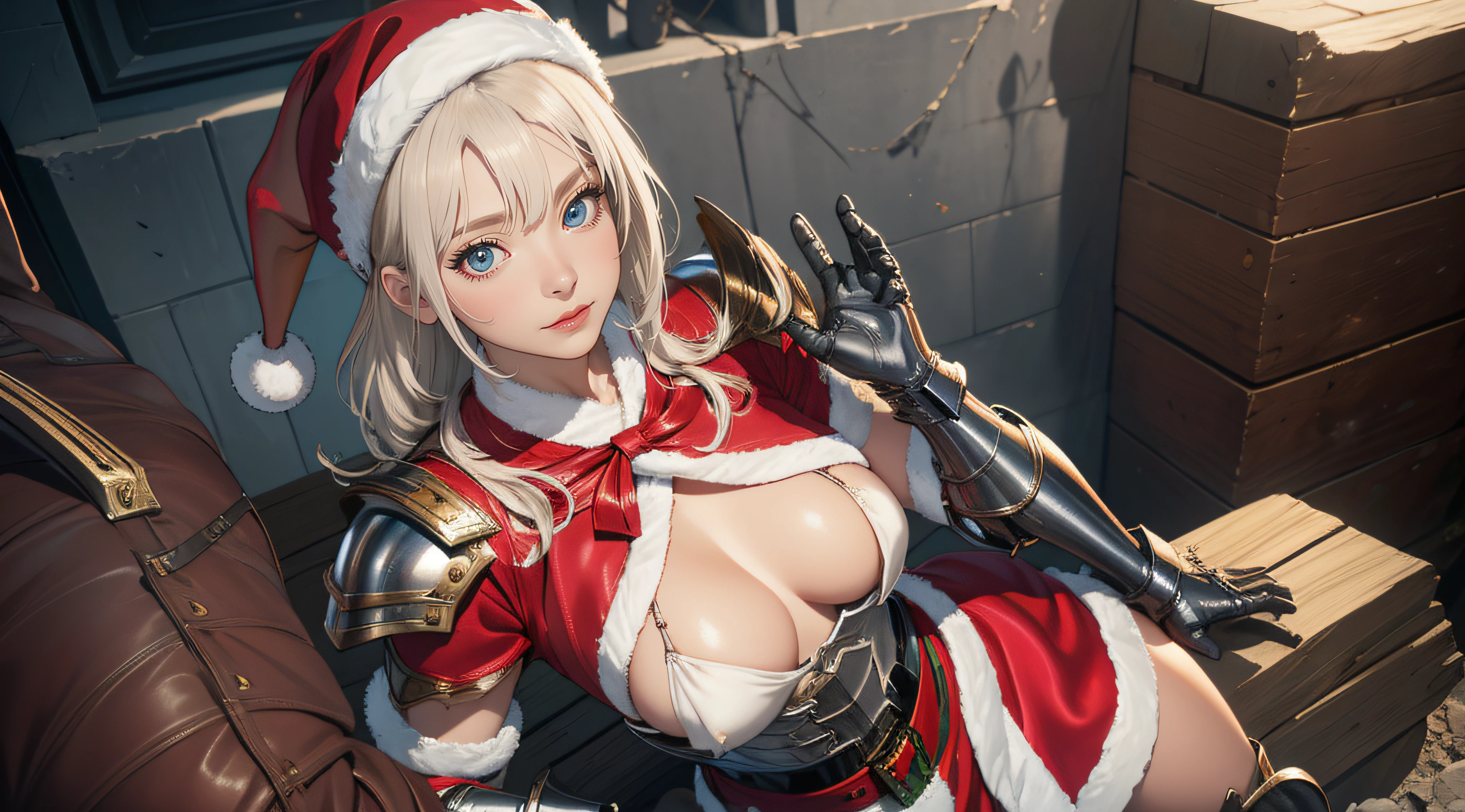 fighting stance,1girl,(ultra detailed skin),curvy,petite,beautiful breasts,large breasts,pale skin,pointy breasts,erect nipples,(fantasy art,Highest image quality,Hyperrealist portrait,(8k),ultra-realistic,best quality, high quality, high definition, high quality texture,high detail,beautiful detailed,fine detailed,extremely detailed cg,detailed texture,a realistic representation of the face,masterpiece,Sense of presence,Dynamic,bold),(thin hair),(soft hair),(straight hair:1.5),Swept long bangs,extra light coppery amber hair,hair over one eye,((clothed:1.5),leather boots,leather gauntlet,(santa dress armor:1.5),(long silk sarong:1.5))),mecha musume,girl