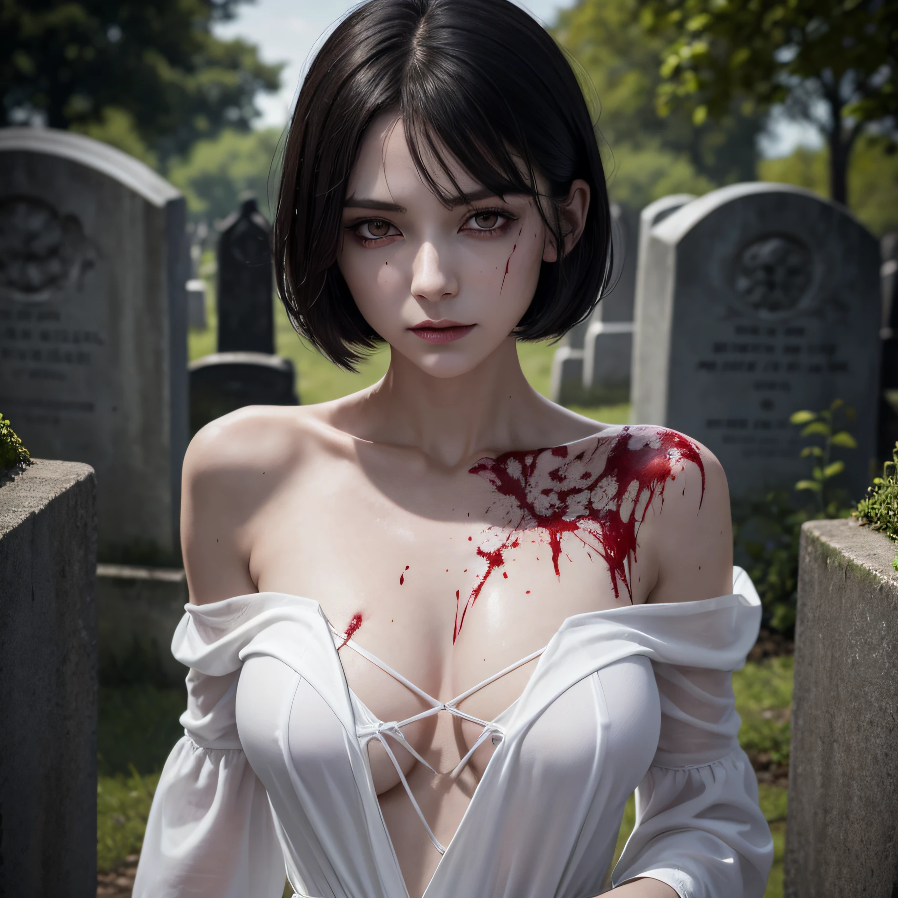corpse, sinister, female, thin, pale, looking at the camera, ultra realistic, fully detailed, cemetery environment, bright eyes, white dress torn and stained with blood, bones exposed, putrid wounds, sensual, terrifying, bruised by the body, exposed fracture in the collarbone, slight smile, super detailed, black short hair, lot of blood and wounds, big breast,