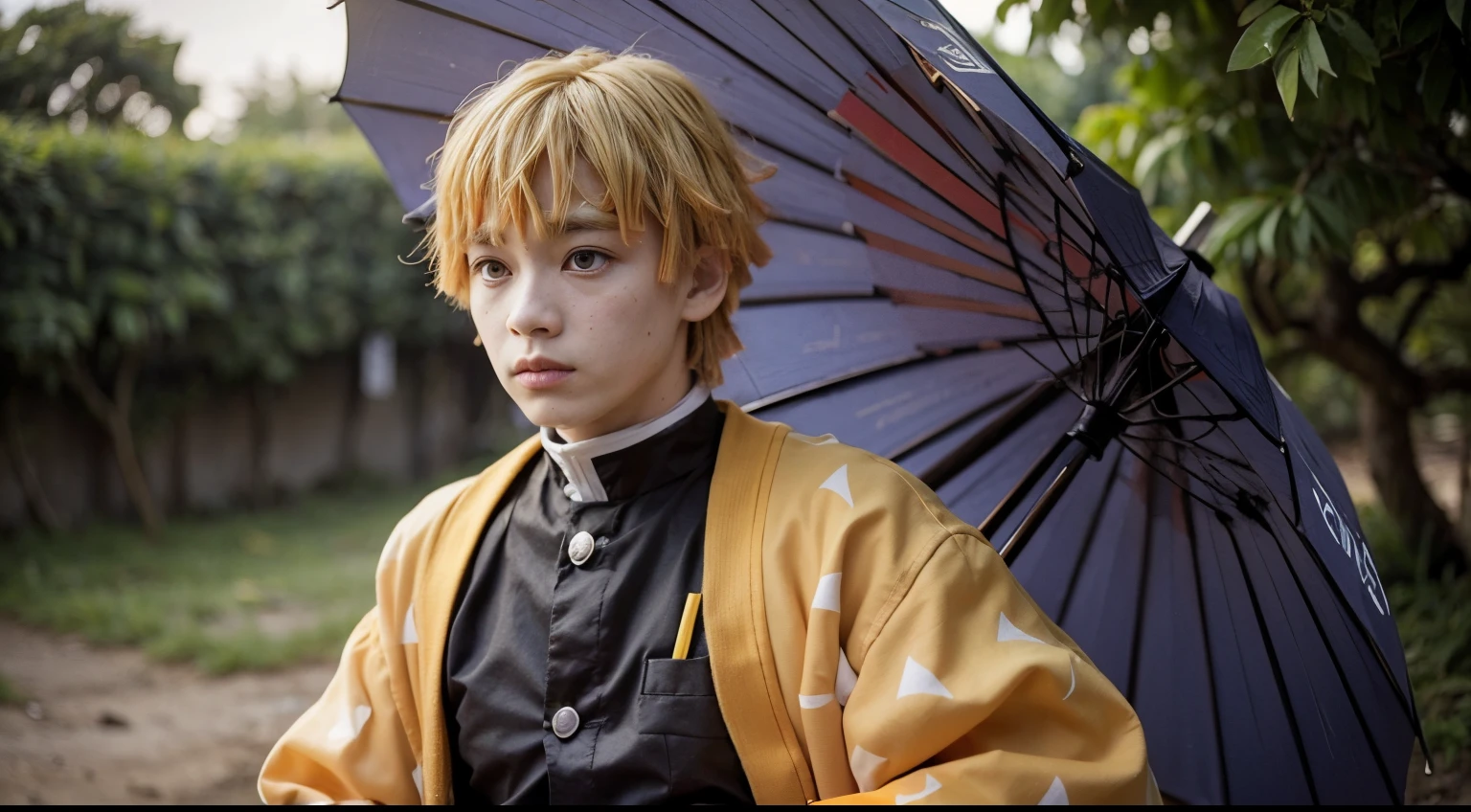 1boy, demon slayer uniform, male focus, solo, blonde hair, japanese clothes, triangle print, haori, long sleeves, short hair, outdoors, agatsuma zenitsu, thick eyebrows, brown eyes, upper body, detailed face, detailed eyes,