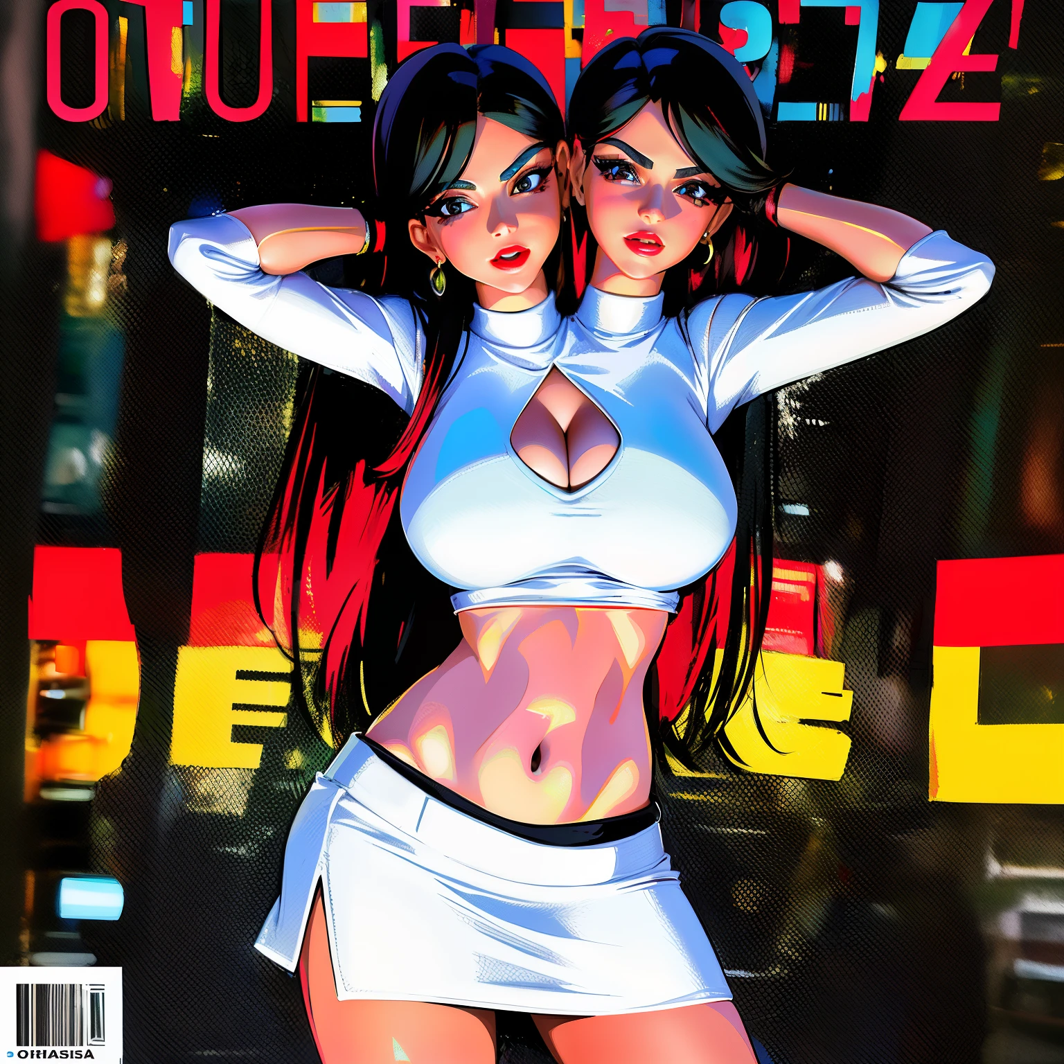 (((2heads))), conjoined, ((((best quality))), (((ultra detailed))), (((masterpiece))), enormous breasts,illustration,(tabloid cover-style illustration of a fashionable Argentinean woman in a vibrant outfit), posing in front of a colorful and dynamic background. She has a confident expression and is holding a statement accessory, The text on the cover should be bold and attention-grabbing, t"DOS CABEZAS",with the title of the magazine and a catchy headline. The overall style should be modern and trendy, with a focus on fashion and lifestyle),
wall paper,crowds,fashion,Lipstick,ray tracing,depth of field, street,in public,day
2girls,2heads, conjoined, cheeks touching, two heads, side by side, looking at viewer, glossy skin, contrapposto, navel, midriff, female focus,model, , ,street,in public, semi transparent ultrathin white shirt unbuttoned, lawyer uniform, ,black short miniskirt, arms crossed,
cool, see-through, ,jitome,
,underboob,floating flowing hair, sexy ,fine fabric emphasis, dynamic pose, negative space:0.35, realistic:1.33,