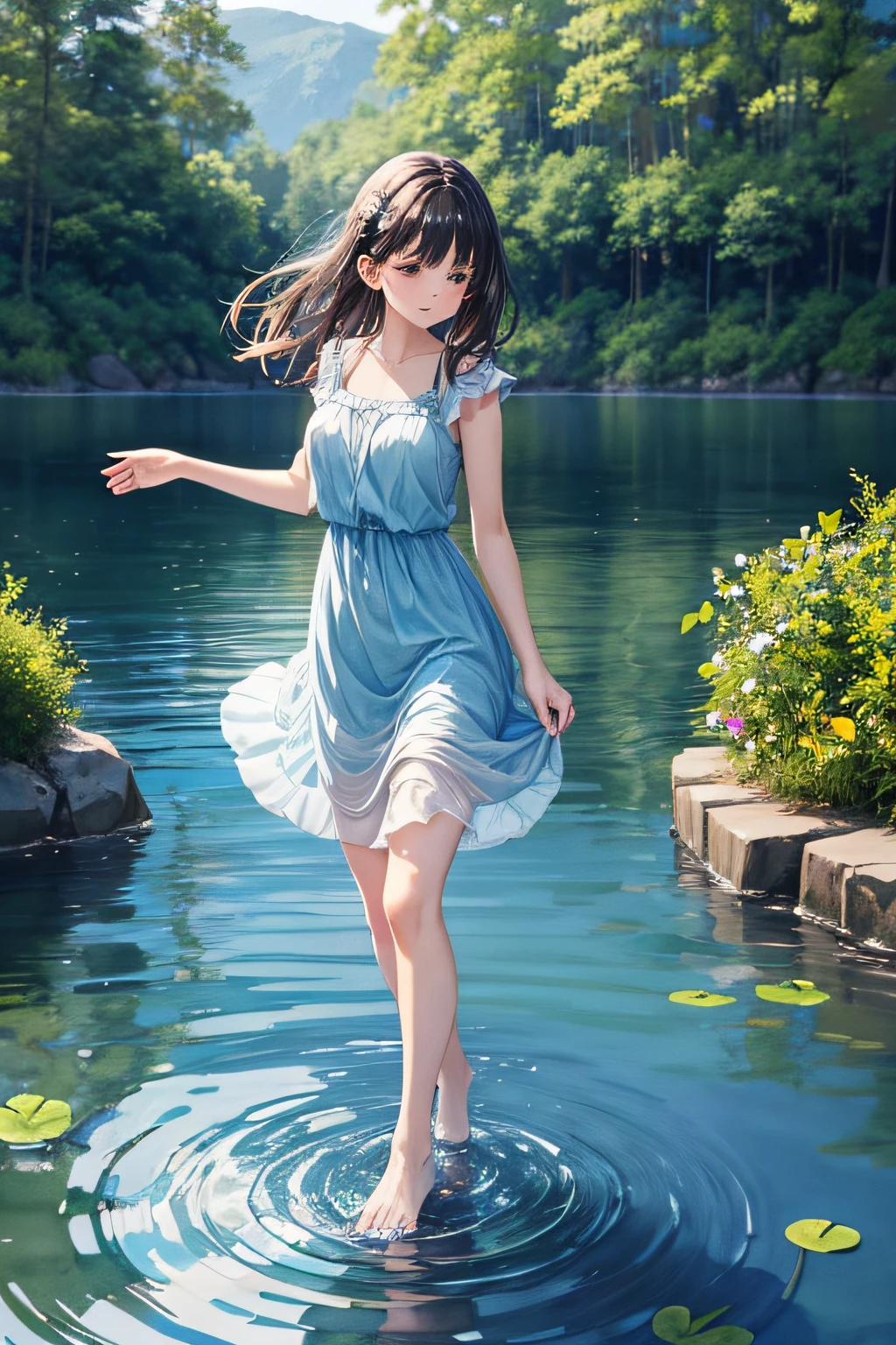 (Masterpiece), (Best Quality:1.3), (Slim Cheerful Girl Frolicking by the Water, Kicking Up the Water:1.3), Full Body, Crystal Clear, (Long Light Brown Hair: 1.3), Wet Hair, (Wet See-Through White Dress: 1.3), Striped Bow, Knee-Length Pleated Skirt, Ruffled Blouse, Long Petticoat, Accessories, Barefoot, High Resolution, F1.4, Sparkling Water Surface, Flying Hat, Cloudssun, contrails, sunlight through trees, summer vacation, rays,