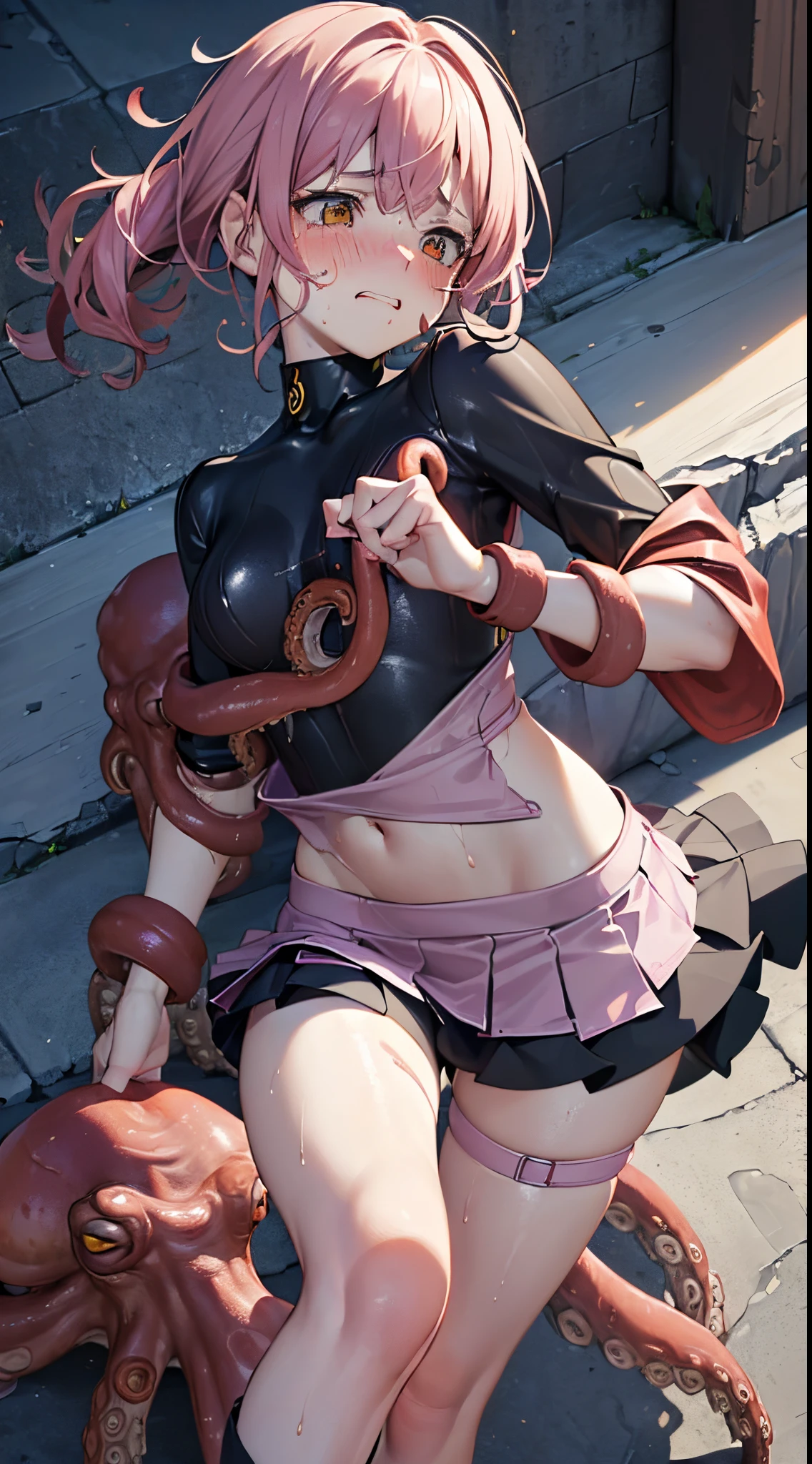 One lady,ar old, ,(((blushed face))), (()), ((octopus))((I'm opening my mouth)),((a miniskirt, bodysuit and short cloak))(Happy Ahe Face),Wet with sweat,(A dark-haired,),((Street,natta))((Clothes are torn))