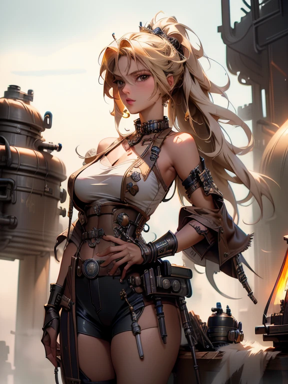 a blonde woman, with dieselpunk clothes, modelshoot style, (extremely detailed CG 8k wallpaper unit), photo of the most beautiful art in the world, majestic professional (photography by Steve McCurry), 8k uhd, dslr, soft lighting, high quality, film grain, Fujifilm XT3 sharp focus, f 5.6, high detail, sharp focus, dramatic, (wearing diselpunk clothing), (looking at the viewer:1.2), (natural light), (seductive)