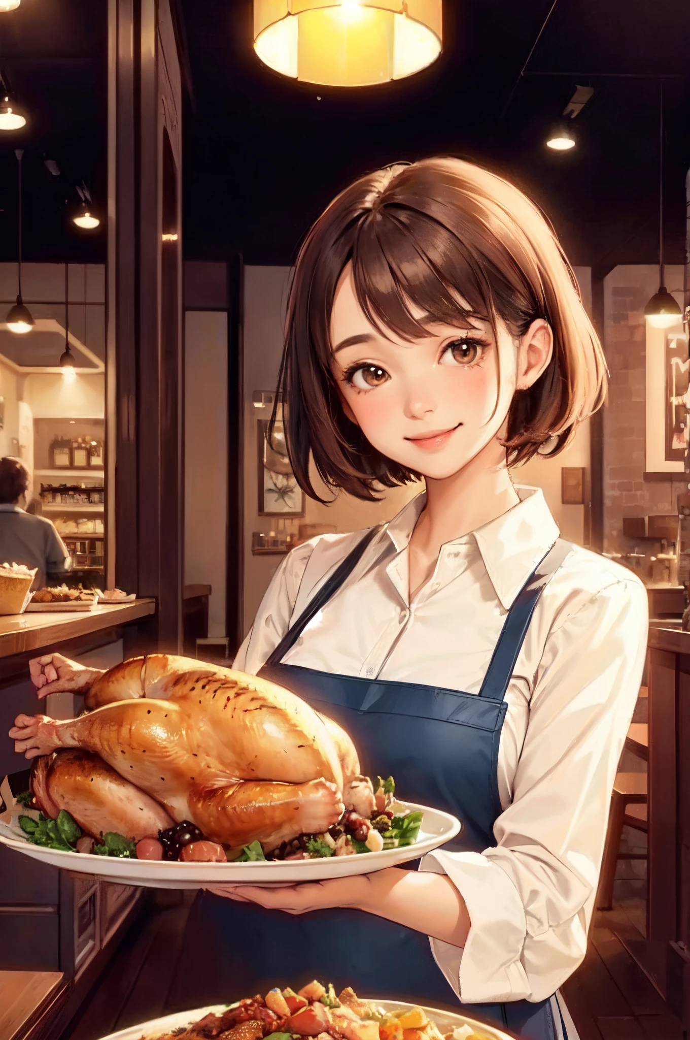 1lady solo standing, holding tray with a roasted turkey, /(clerk uniform apron/), mature female, /(brown hair/) bangs, blush kind smile, (masterpiece best quality:1.2) delicate illustration ultra-detailed, large breasts BREAK /(casual restaurant/), detailed background