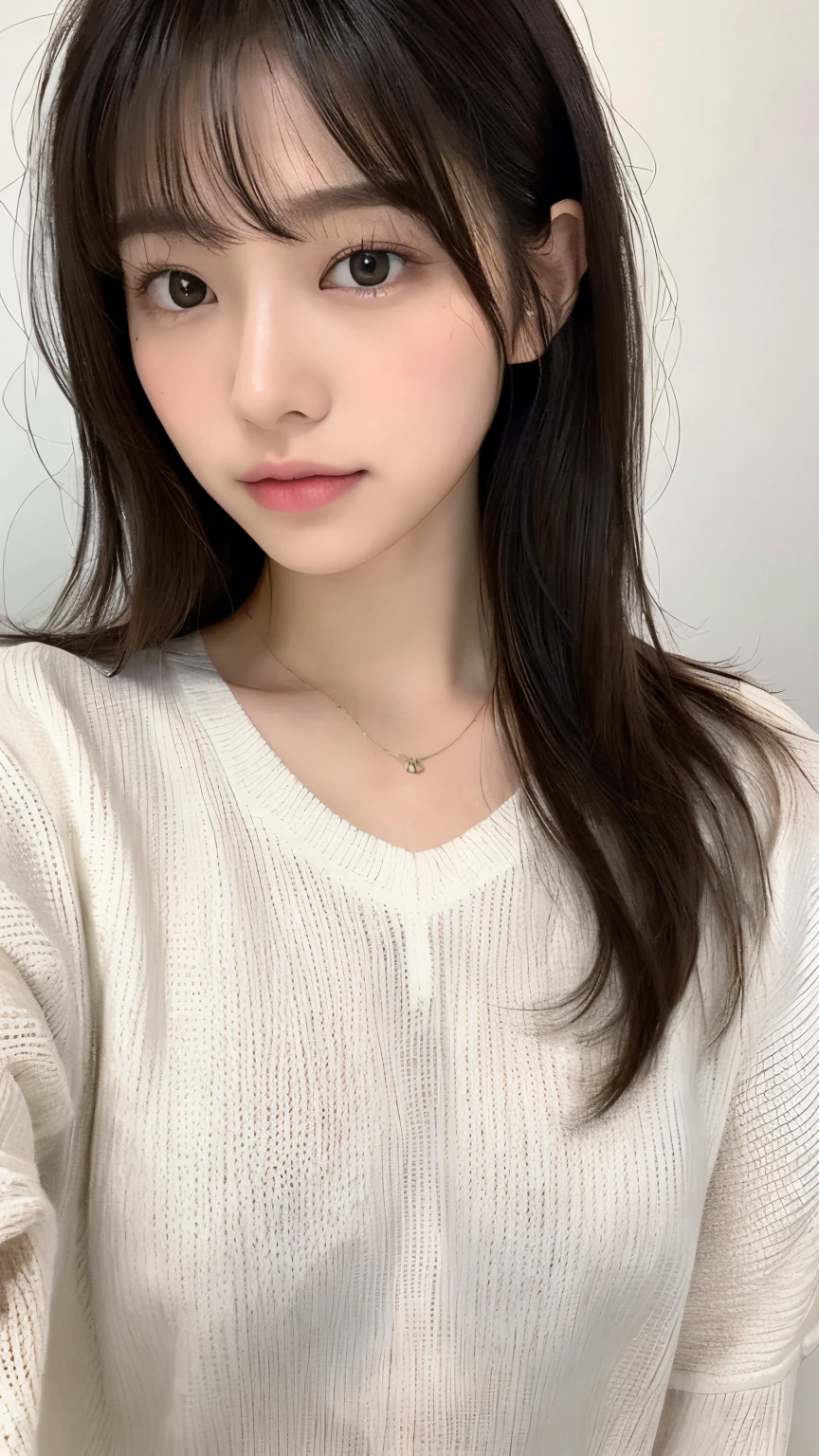 (top-quality、16K resolution)1人、独奏、natural soft light、small tits、A Japanese Lady、Looking at the camera、White long-sleeved knit、(Beauty Salon Background)、Facing the front、is standing、bobhair、Woman in her late teeight bangs、short-hair、Salon model、Natural look、portlate、floated hair、Rolled hair、A dark-haired