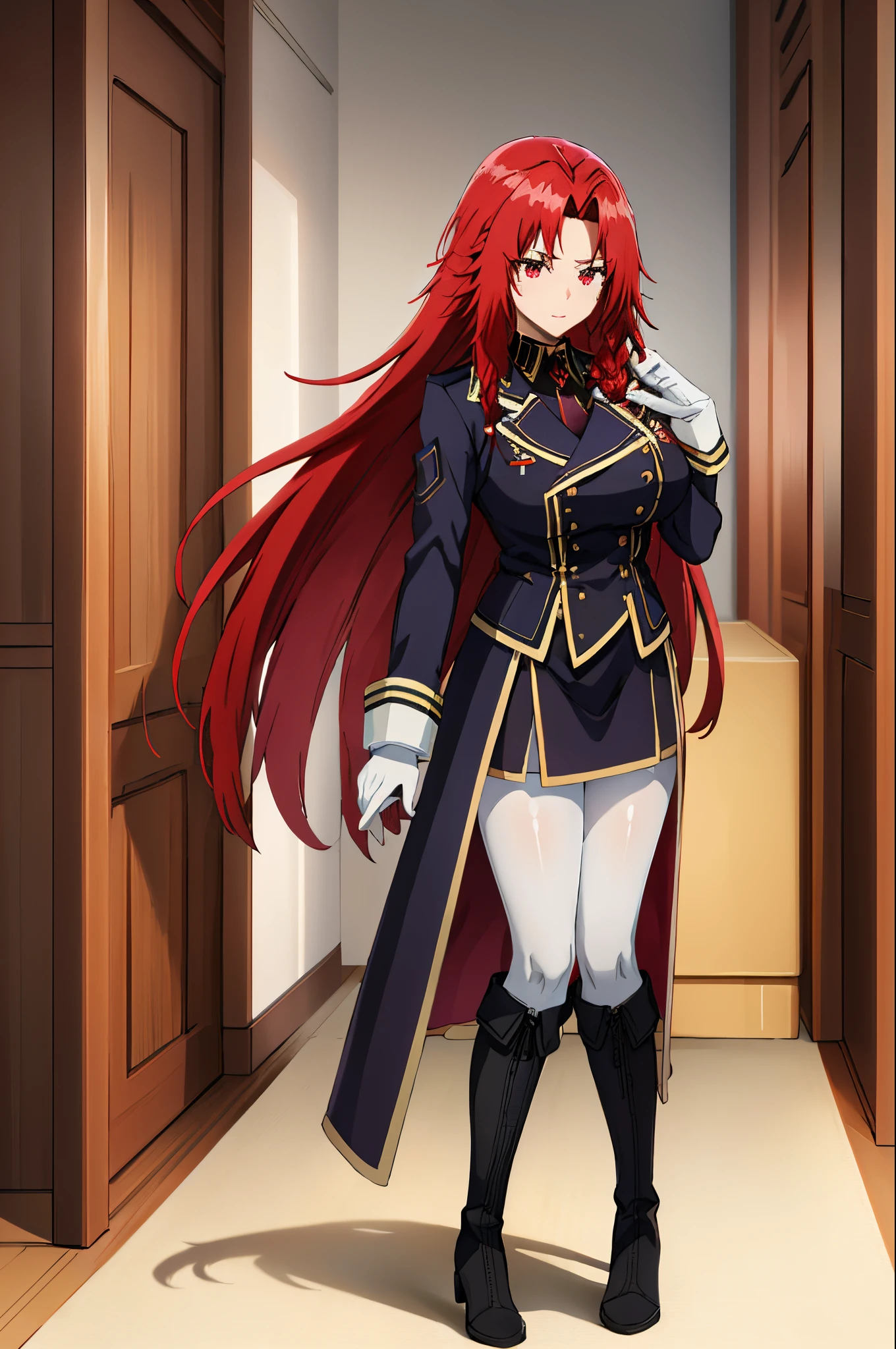 masterpiece, top-quality, Iris Midgar V4, 1girl in, 独奏, length hair, red eyes, gloves, Braids, red hairs, long boots, white glove, uniformss, Military, military outfits, knee boots, to stand, big breasts
White pantyhose, White pants,