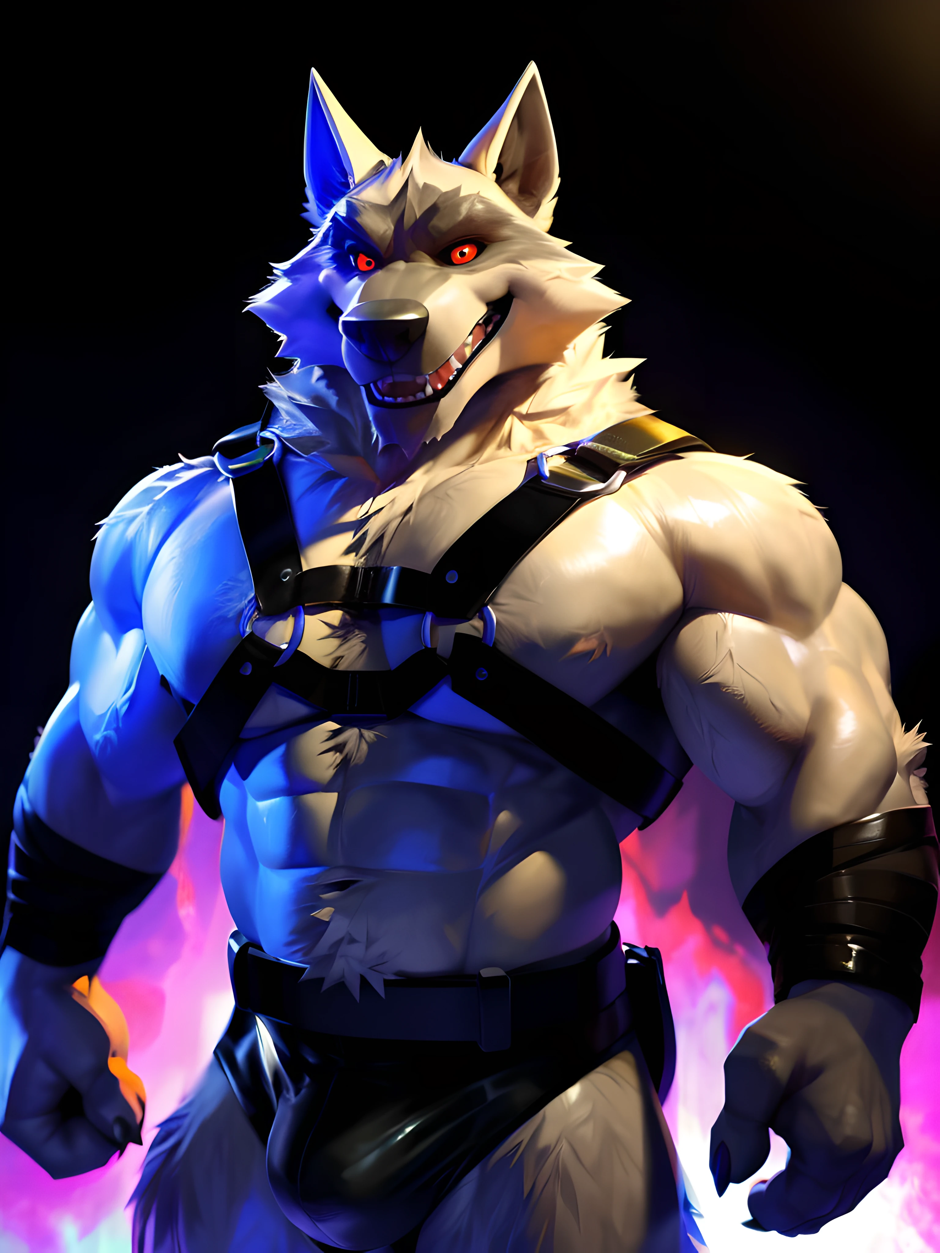 deathwolf, (dark room background), (black harness, leather underwear, black belt:1.2), very muscular, sexy, male, wolf, masculine, smug smile, speaking mouth, detailed red eyes, (by darkgem, by traver009, by kusunagi, by raccoon21), perfect colors, perfect shadows, detailed, sexy, looking at camera, 3d render, pixar fur, 3d render, (darkness:1.3)