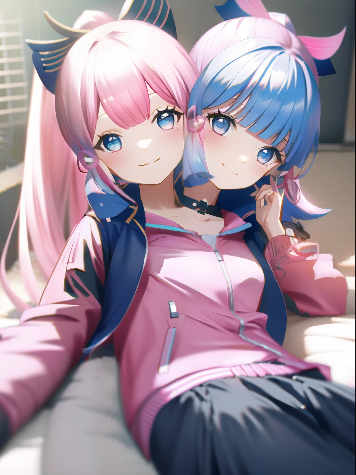 (masterpiece, best quality), best resolution, (2heads:1.5), 1girl, one head blue hair, other head pink hair, smiling, giggling, friendly, inviting, blue eyes, cube hair ornament, hair between eyes, hair ornament, blonde hair, one side up, long hair, BREAK black skirt, jacket, long sleeves, pants, pants under skirt, (pink jacket:1.5), pink pants, pleated skirt, skirt, track jacket, track pants, track suit, BREAK looking at viewer