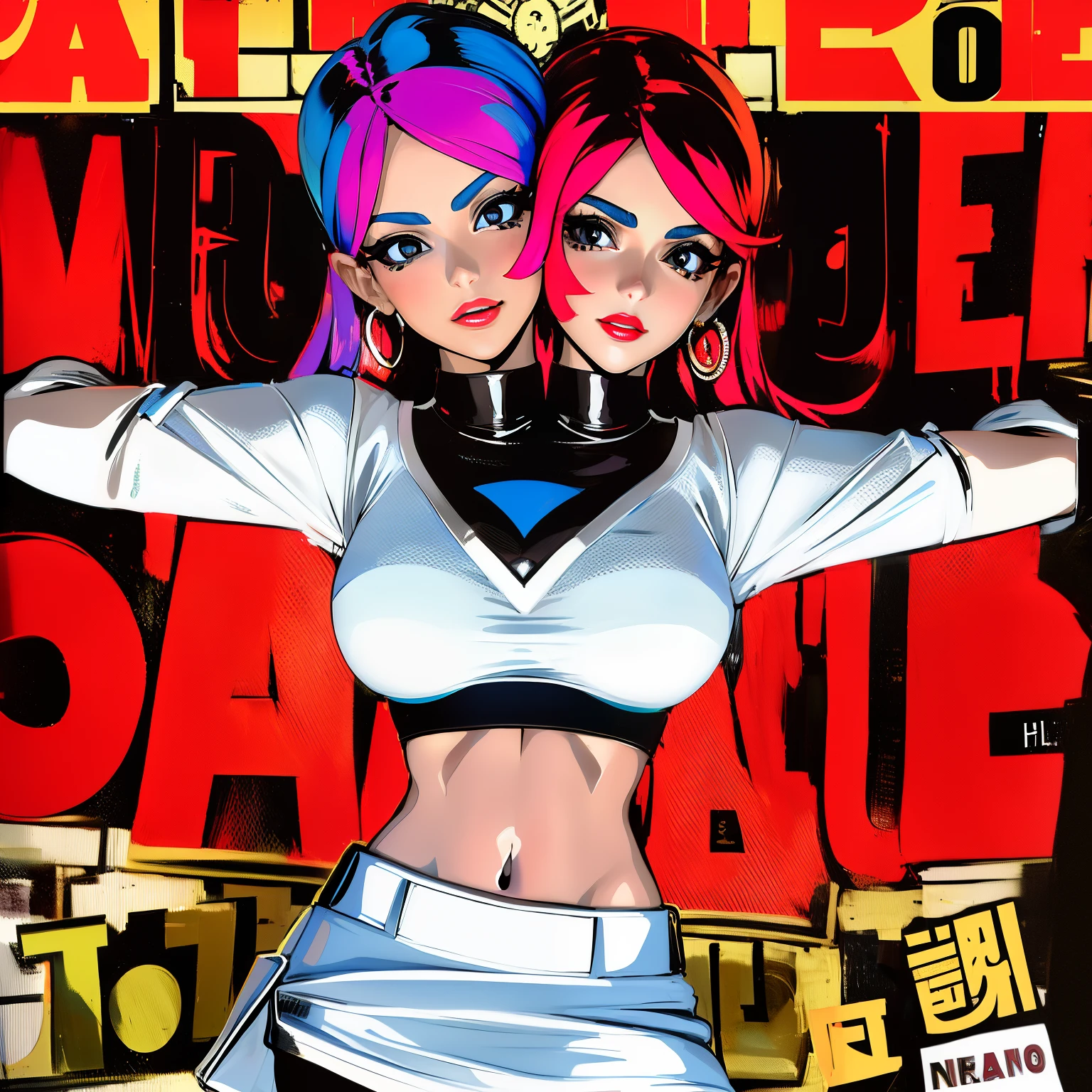 (((((2heads))))), conjoined, ((((best quality))), (((ultra detailed))), (((masterpiece))), enormous breasts,illustration,(tabloid cover-style illustration of a fashionable Argentinean woman in a vibrant outfit), posing in front of a colorful and dynamic background. She has a confident expression and is holding a statement accessory, The text on the cover should be bold and attention-grabbing, t"DOS CABEZAS",with the title of the magazine and a catchy headline. The overall style should be modern and trendy, with a focus on fashion and lifestyle),
wall paper,crowds,fashion,Lipstick,ray tracing,depth of field, street,in public,day
2girls,2heads, conjoined, cheeks touching, two heads, side by side, looking at viewer, glossy skin, contrapposto,  navel, midriff, female focus,model, , ,street,in public, semi transparent ultrathin white shirt unbuttoned, lawyer uniform, ,black short miniskirt, arms crossed,
cool, see-through, ,jitome,
,underboob,floating flowing hair, sexy ,fine fabric emphasis, dynamic pose, negative space:0.35, realistic:1.33,