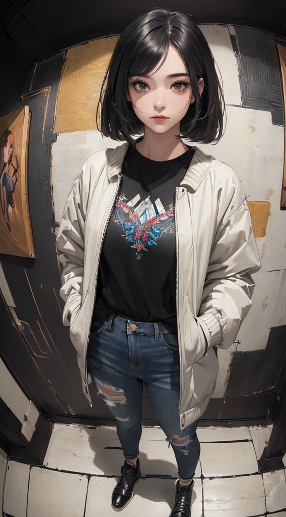 (((8k wallpaper of extremely detailed CG unit:1.2, ​masterpiece, hight resolution:1.2, top-quality:1.2, masutepiece))), ((a very beautiful woman, standing with hands in jacket pockets:1.8, Grunge Fashion:1.2, Wearing a blouson, Wearing skinny jeans, Wearing shoes)), ((extra detailed face, Extremely beautiful face, Highly detailed black eyes:1.2, extra detailed body, Top quality real texture skins)), (A dark-haired, bob cuts, de pele branca, Small), ((surrounded by colorful walls)), (high-angle, Fisheye:1.3), hyper realisitic, digitial painting,