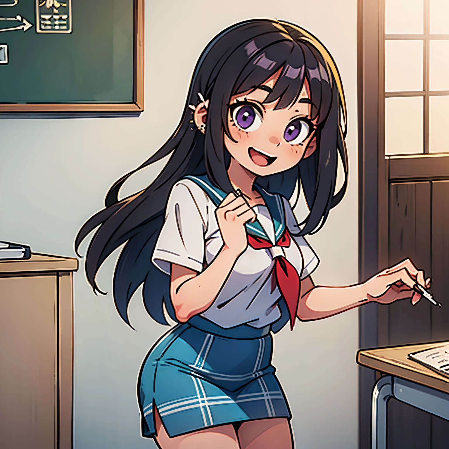 Young girl, black hair, assymetric hair, symetric bangs,japanese student outfit, dark green plaid skirt, nose and ear piercings, purple highlights in hair, bulging eyes, happy expression, in one school, japanese school, 4k, masterpiece, Anime, HD,