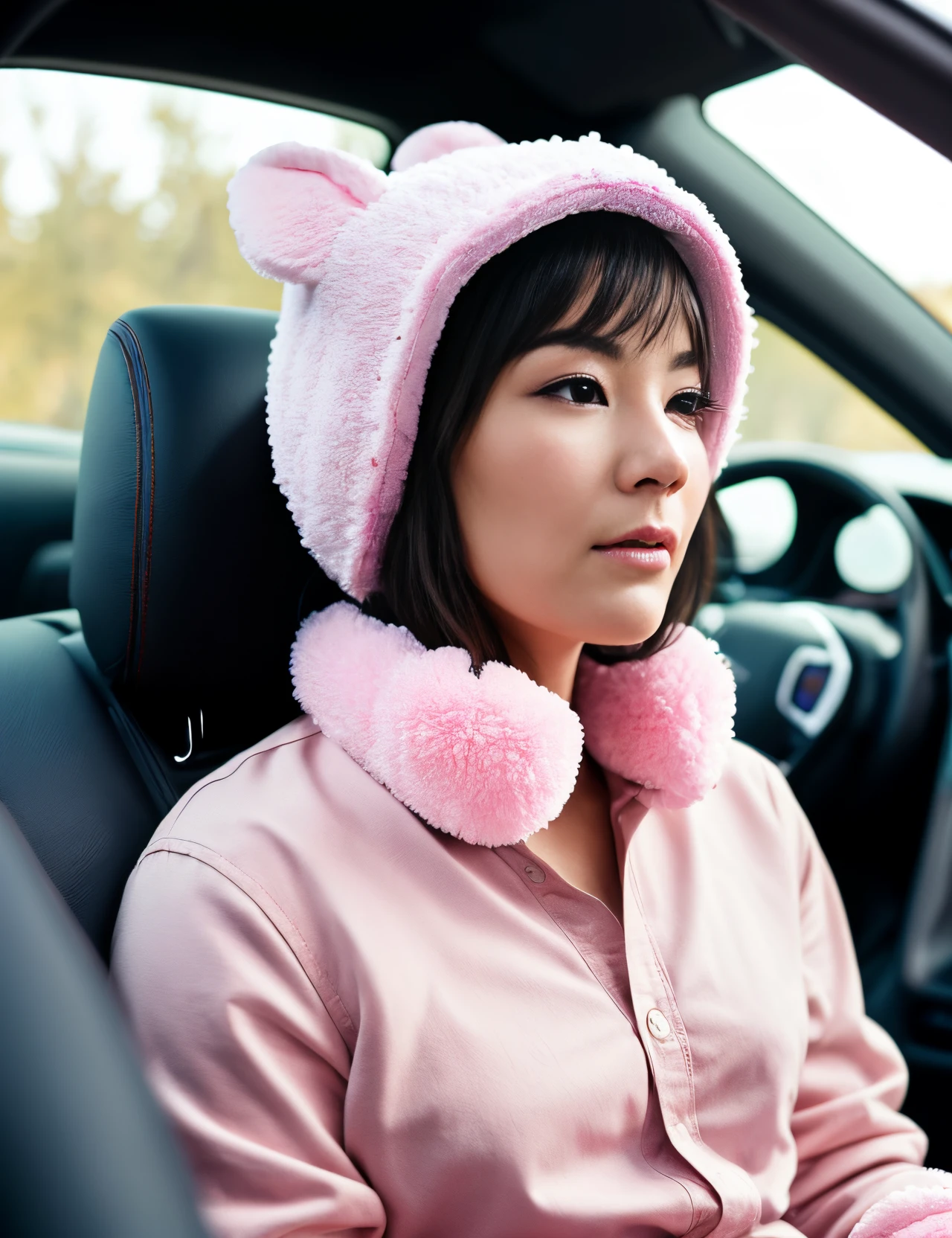hyperrealistic, commercial photography, realism, detail facial, intricate, Sony Dslr Alpha A7, ISO 1000,octane,8k,Man wear pink bunny hat with long ears and white pom-pom on the top,hat covers most of forehead ears, wear blue shirt with collar buttons,shirt long sleeves rolled up to elbows,man is in car with seatbelt on,car black sedan leather seats,man sit in front passenger seat,seatbelt is fastened across their chest.