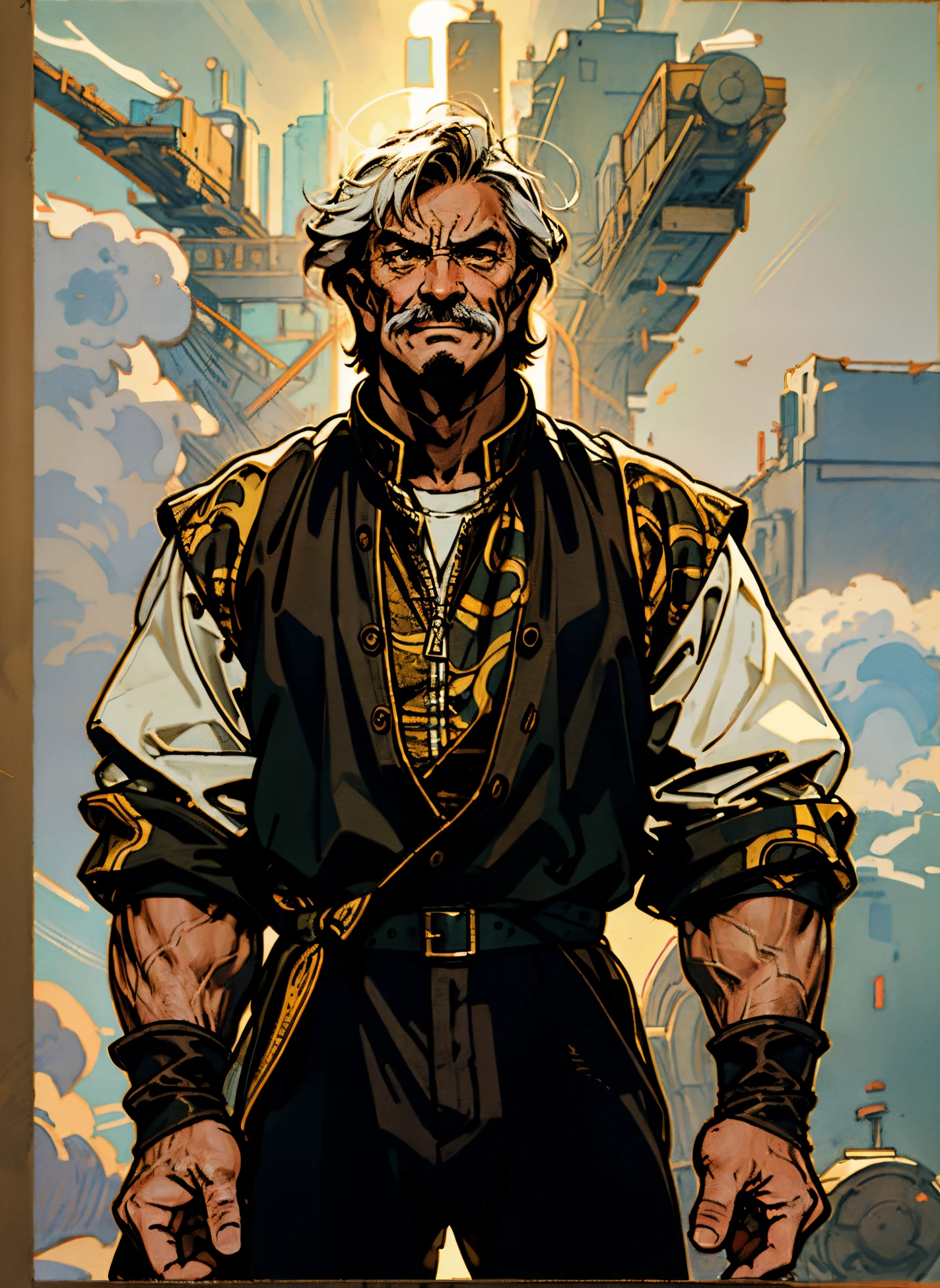 An elderly man, disheveled short hair in a brown-gray hue, approximately 60 years old, a bewildered gaze, quirky expression, wide-open mouth, a small mustache on his chin, a simple brown-yellow traditional Chinese clothing, coarse fabric trousers, the background consists of various artistic-style color blocks interwoven together, this character embodies a finely crafted whimsical fantasy-style in anime style, exquisite and mature manga art style, high definition, best quality, highres, ultra-detailed, ultra-fine painting, extremely delicate, professional, anatomically correct, symmetrical face, extremely detailed eyes and face, high quality eyes, creativity, RAW photo, UHD, 8k, Natural light, cinematic lighting, masterpiece-anatomy-perfect, masterpiece:1.5