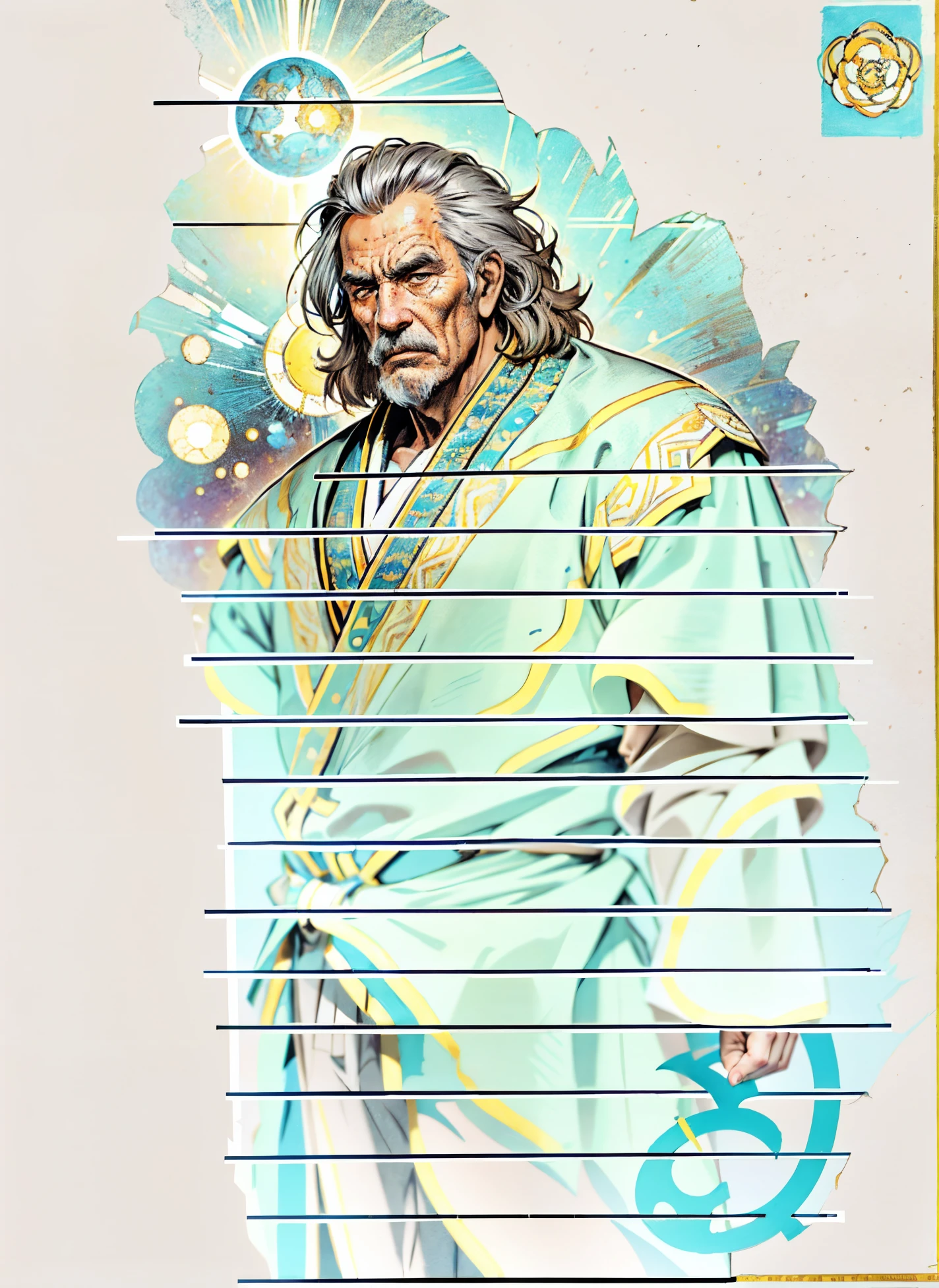 An elderly man, disheveled short hair in a brown-gray hue, approximately 60 years old, a bewildered gaze, quirky expression, wide-open mouth, a small mustache on his chin, a simple brown-yellow traditional Chinese clothing, coarse fabric trousers, the background consists of various artistic-style color blocks interwoven together, this character embodies a finely crafted whimsical fantasy-style in anime style, exquisite and mature manga art style, high definition, best quality, highres, ultra-detailed, ultra-fine painting, extremely delicate, professional, anatomically correct, symmetrical face, extremely detailed eyes and face, high quality eyes, creativity, RAW photo, UHD, 8k, Natural light, cinematic lighting, masterpiece-anatomy-perfect, masterpiece:1.5