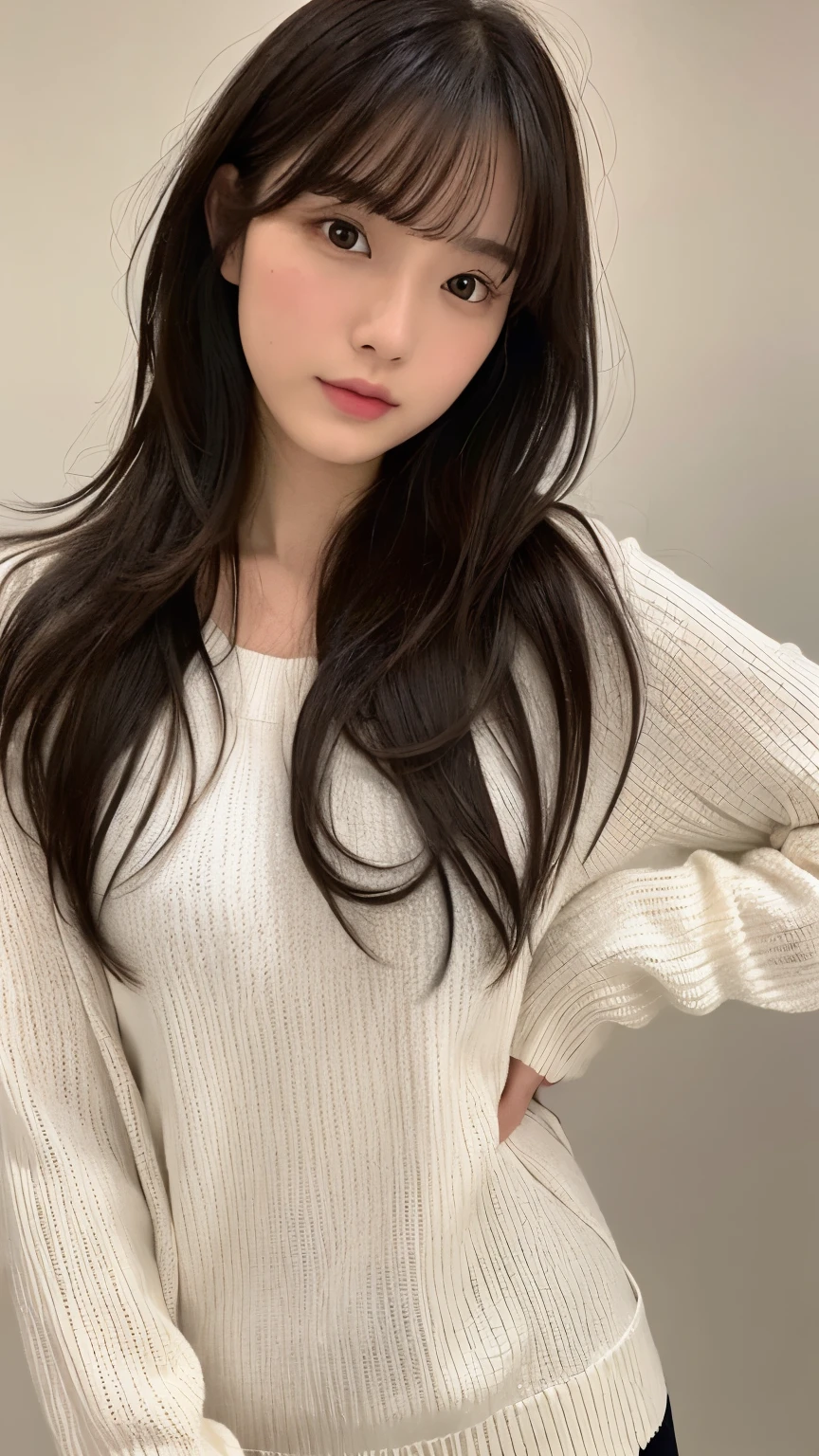 (top-quality、16K resolution)1人、独奏、natural soft light、small tits、A Japanese Lady、Looking at the camera、White long-sleeved knit、(Beauty Salon Background)、Facing the front、is standing、bobhair、Woman in her late teeight bangs、short-hair、Salon model、Natural look、portlate、floated hair、Rolled hair、A dark-haired