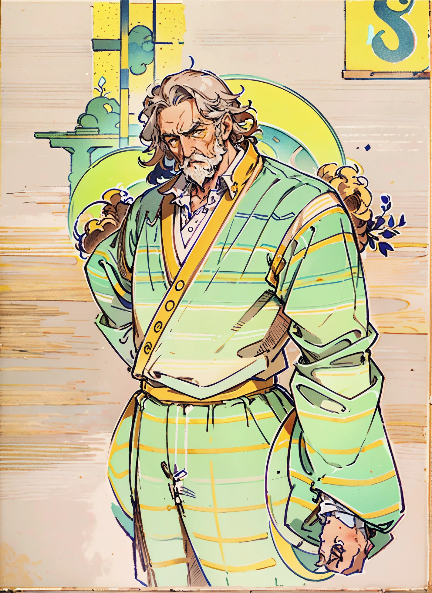 An elderly man, disheveled short hair in a brown-gray hue, approximately 60 years old, a bewildered gaze, quirky expression, wide-open mouth, a small mustache on his chin, a simple brown-yellow traditional Chinese clothing, coarse fabric trousers, the background consists of various artistic-style color blocks interwoven together, this character embodies a finely crafted whimsical fantasy-style in anime style, exquisite and mature manga art style, high definition, best quality, highres, ultra-detailed, ultra-fine painting, extremely delicate, professional, anatomically correct, symmetrical face, extremely detailed eyes and face, high quality eyes, creativity, RAW photo, UHD, 8k, Natural light, cinematic lighting, masterpiece-anatomy-perfect, masterpiece:1.5