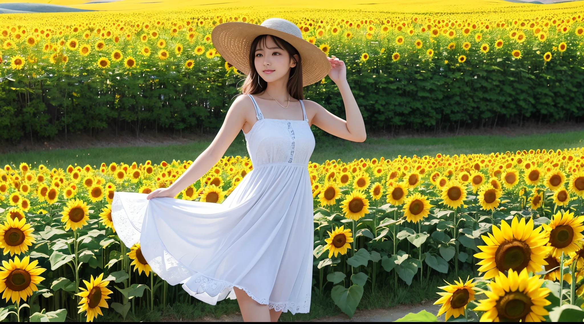 grassland、one piece、Fluffy lace、The wind is blowing、hat、smile、Beautiful legs