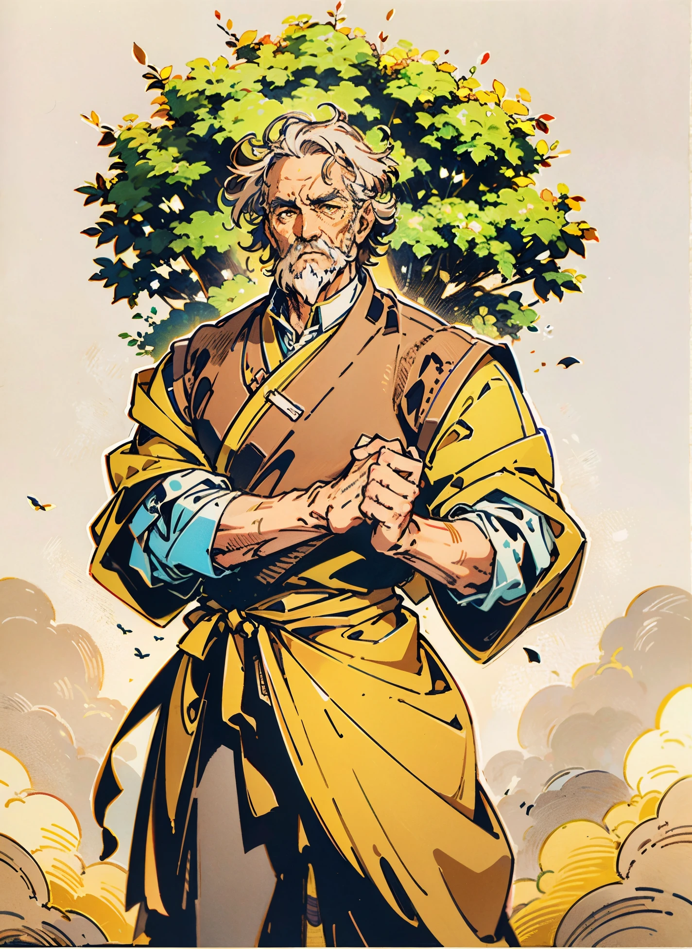 An elderly man, disheveled short hair in a brown-gray hue, approximately 60 years old, a bewildered gaze, quirky expression, wide-open mouth, a small mustache on his chin, a simple brown-yellow traditional Chinese clothing, coarse fabric trousers, the background consists of various artistic-style color blocks interwoven together, this character embodies a finely crafted whimsical fantasy-style in anime style, exquisite and mature manga art style, high definition, best quality, highres, ultra-detailed, ultra-fine painting, extremely delicate, professional, anatomically correct, symmetrical face, extremely detailed eyes and face, high quality eyes, creativity, RAW photo, UHD, 8k, Natural light, cinematic lighting, masterpiece-anatomy-perfect, masterpiece:1.5