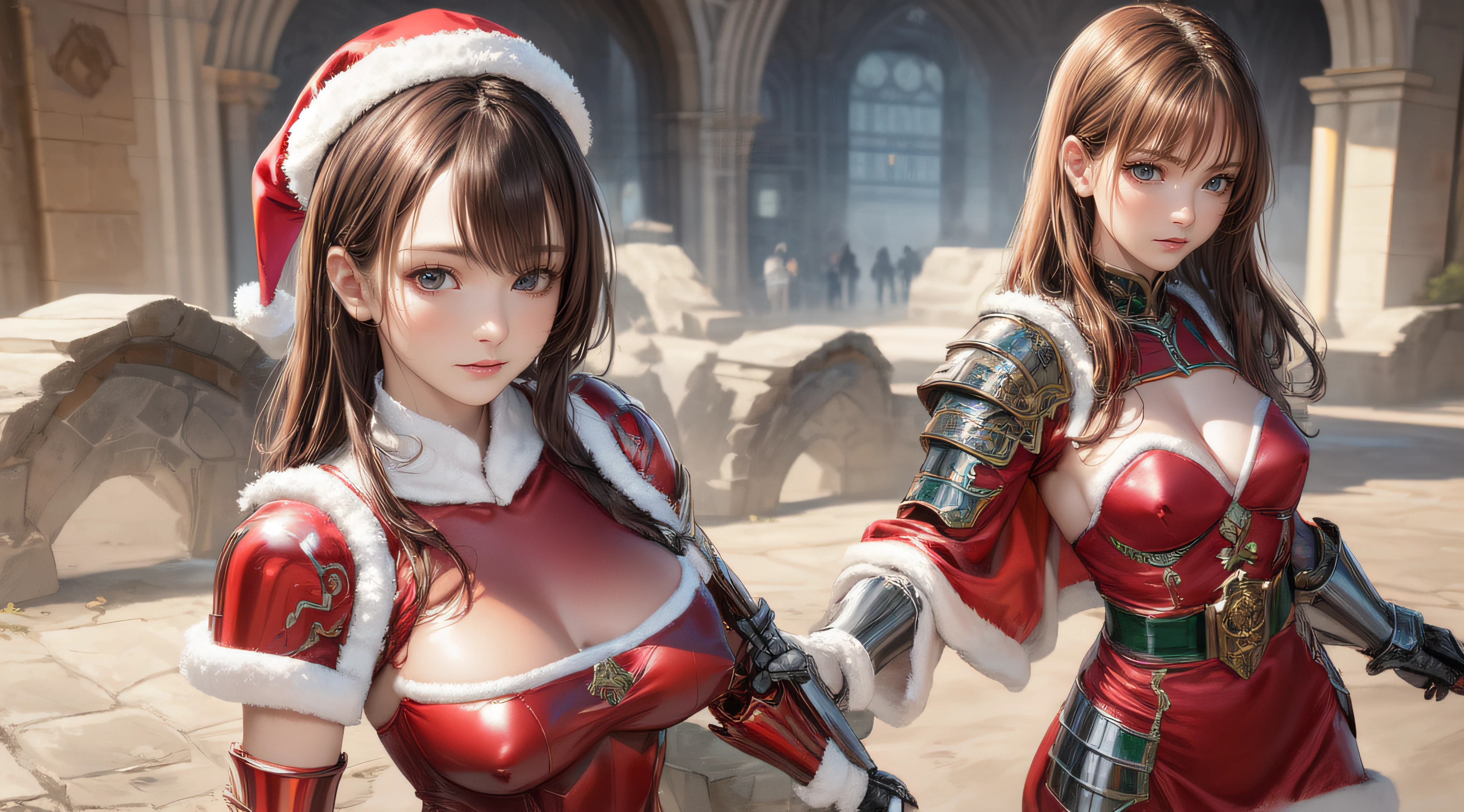fighting stance,1girl,(ultra detailed skin),curvy,petite,beautiful breasts,large breasts,pale skin,pointy breasts,erect nipples,(fantasy art,Highest image quality,Hyperrealist portrait,(8k),ultra-realistic,best quality, high quality, high definition, high quality texture,high detail,beautiful detailed,fine detailed,extremely detailed cg,detailed texture,a realistic representation of the face,masterpiece,Sense of presence,Dynamic,bold),(thin hair),(soft hair),(straight hair:1.5),Swept long bangs,extra light coppery amber hair,hair over one eye,((clothed:1.5),leather boots,leather gauntlet,(santa dress armor:1.5),(long silk sarong:1.5))),mecha musume,girl