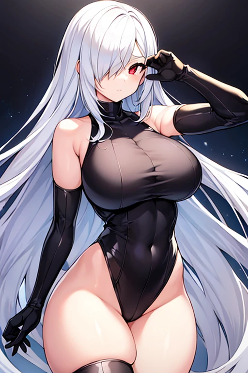 1girl, white hair, leotard, futuristic, bodysuit, thick thighs, wide hips, large breasts, breasts, long hair, red eyes, one-eye covered, serious, hair over one eye, hair over one-eye, science-fiction, thigh strap, sleeveless, black leotard, black clothes, black gloves, 2d, anime style, anime screencap