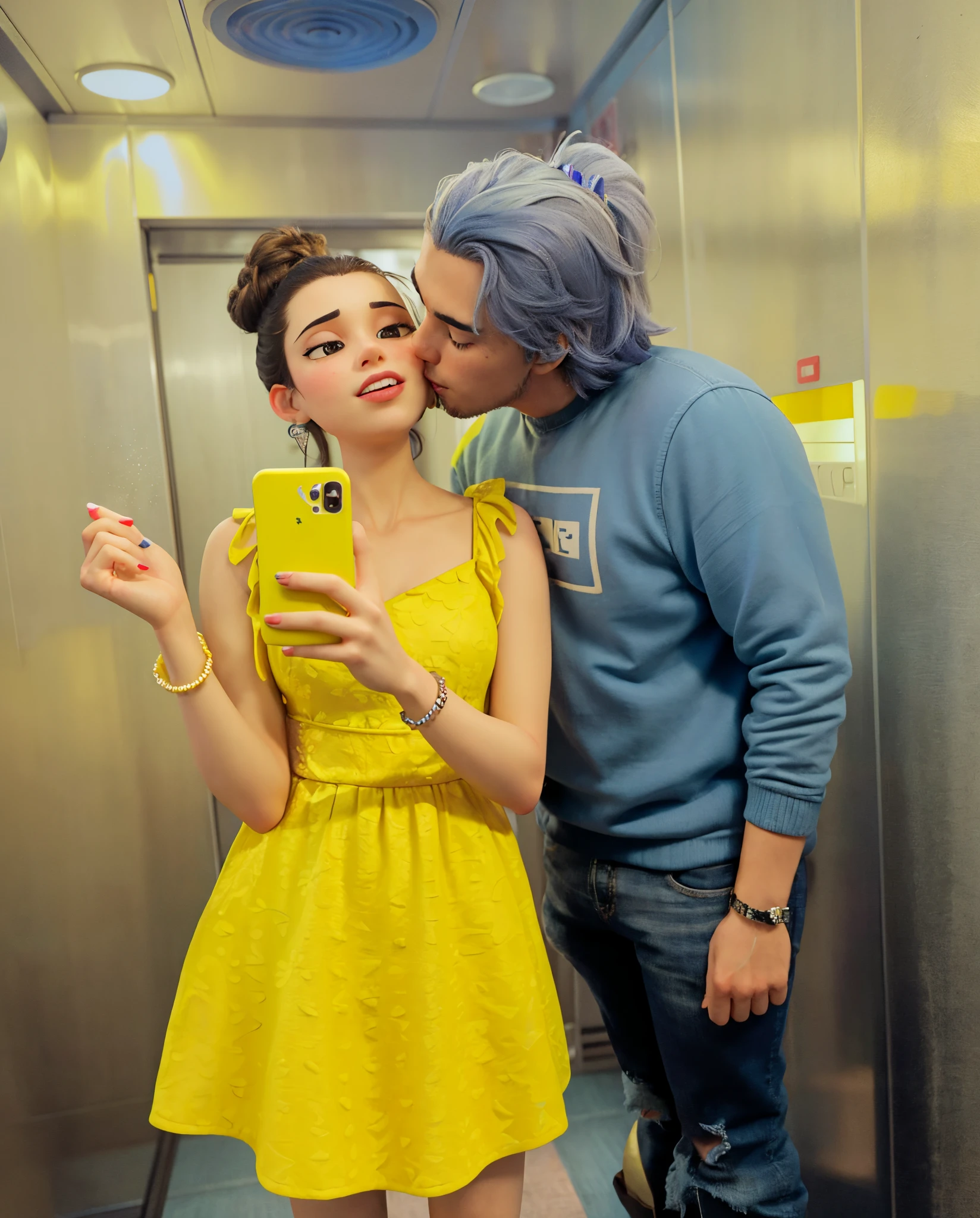 there is a man and woman, man kissing his girlfriend. Girl take a selfie in a elevator with iphone, Disney pixer inspired movie poster about a young adult white female and brown boy. Boy has black knot hair. Girl has a small tattoo on her hand make it a disney pixer 3d animation