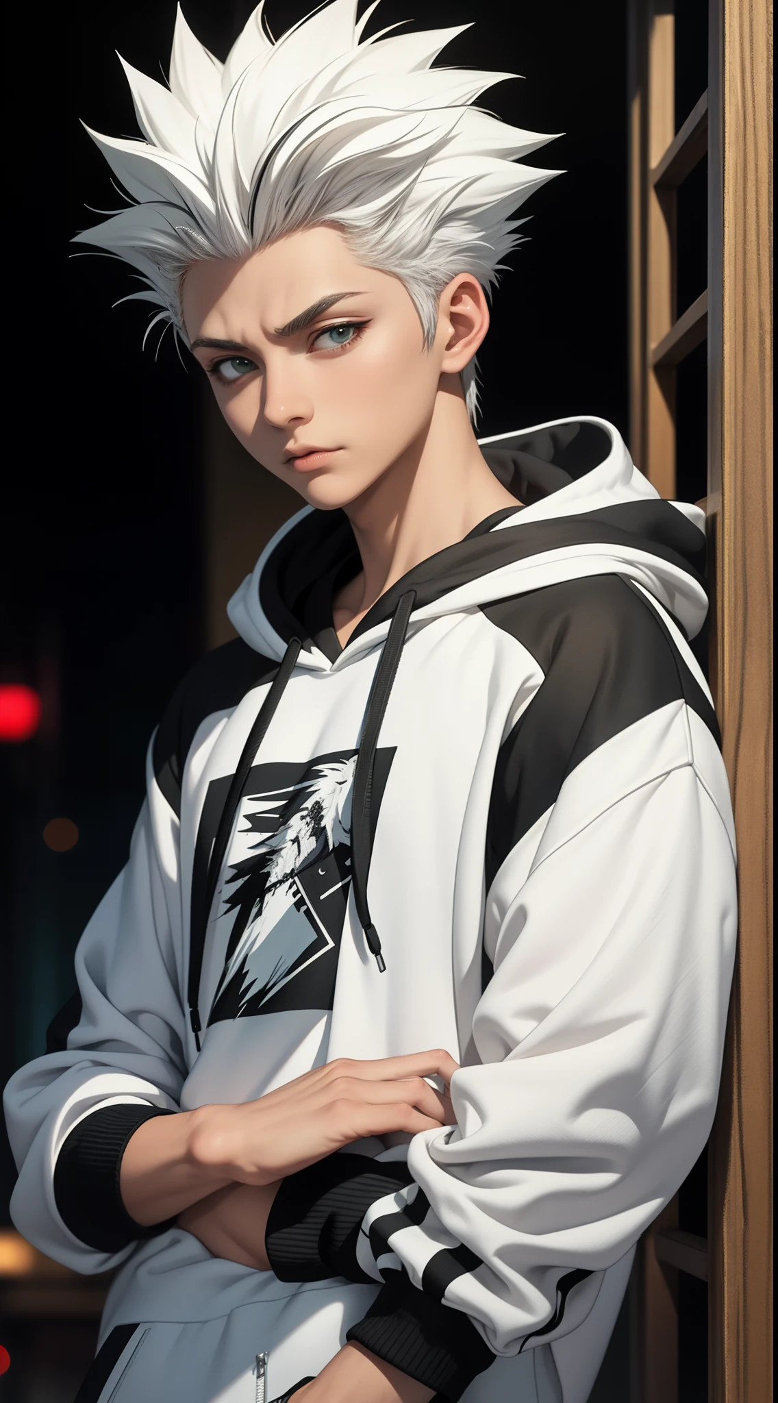 masterpiece, best quality, high quality, 1boy, solo, male focus, looking at viewer, upper body, hitsugaya_toushirou, wearing Streetwear Hoodie, dinamic lighting, blurry background