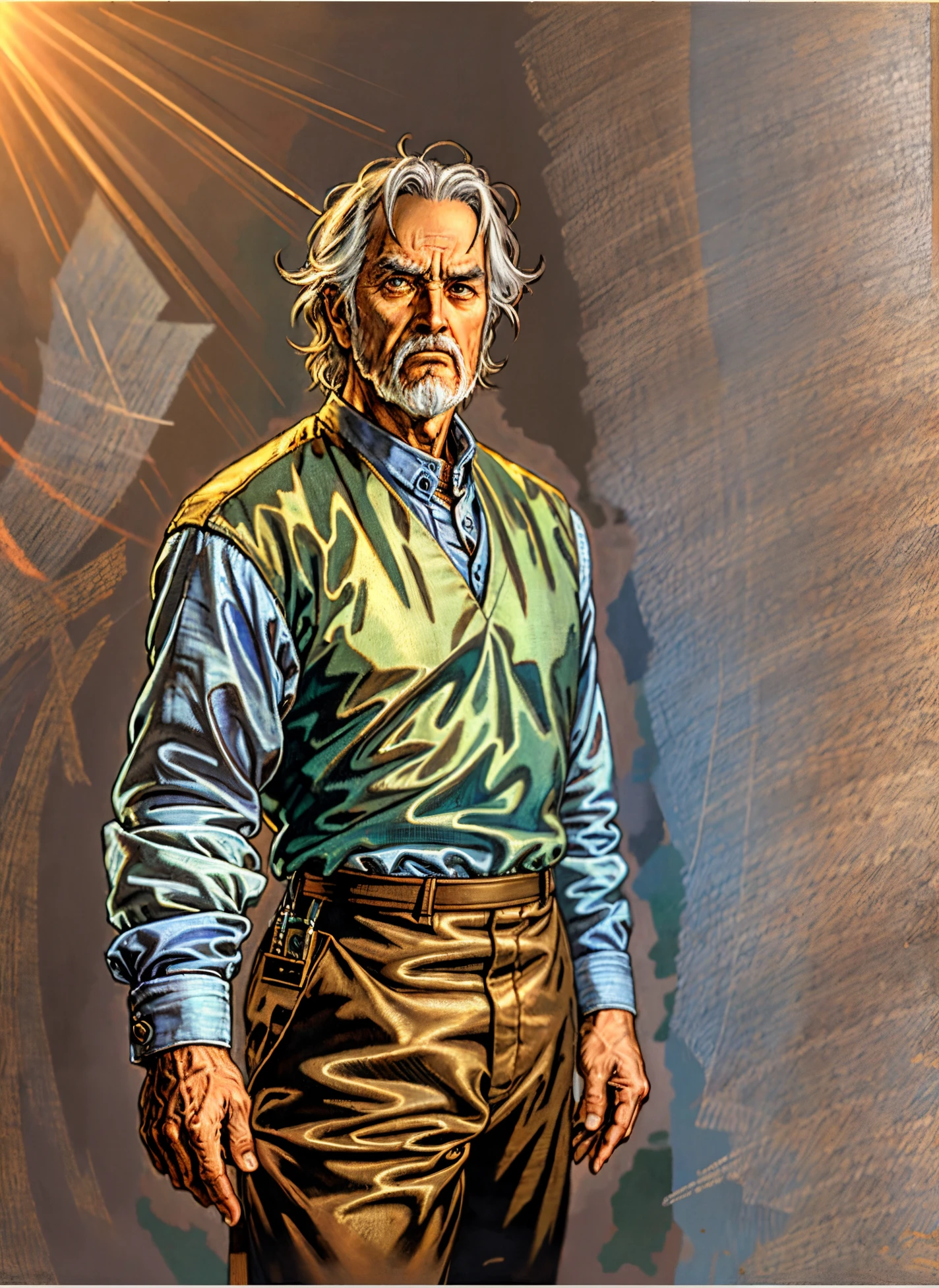 An elderly man, disheveled short hair in a brown-gray hue, approximately 60 years old, a bewildered gaze, quirky expression, wide-open mouth, a small mustache on his chin, a simple brown-yellow traditional Chinese clothing, coarse fabric trousers, the background consists of various artistic-style color blocks interwoven together, this character embodies a finely crafted whimsical fantasy-style in anime style, exquisite and mature manga art style, high definition, best quality, highres, ultra-detailed, ultra-fine painting, extremely delicate, professional, anatomically correct, symmetrical face, extremely detailed eyes and face, high quality eyes, creativity, RAW photo, UHD, 8k, Natural light, cinematic lighting, masterpiece-anatomy-perfect, masterpiece:1.5