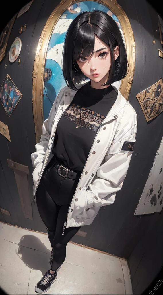 (((8k wallpaper of extremely detailed CG unit:1.2, ​masterpiece, hight resolution:1.2, top-quality:1.2, masutepiece))), ((a very beautiful woman, Hands in pockets:1.8, Street fashion:1.2, Wearing a blouson, Wearing leggings, Wearing shoes)), ((extra detailed face, Extremely beautiful face, Highly detailed black eyes:1.2, extra detailed body, Top quality real texture skins)), (A dark-haired, bob cuts, de pele branca, Small), ((surrounded by colorful walls)), (high-angle, Fisheye:1.3), hyper realisitic, digitial painting,