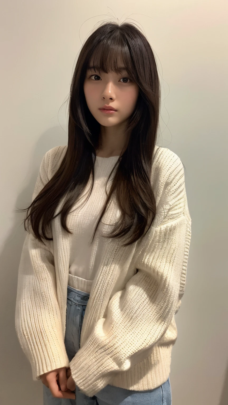 (top-quality、16K resolution)女の子1人、独奏、natural soft light、small tits、A Japanese Lady、Looking at the camera、White long-sleeved knit、(Beauty Salon Background)、Facing the front、is standing、bobhair、Woman in her late teens、Light bangs、short-hair、Salon model、Natural look、portlate、floated hair、Rolled hair、A dark-haired