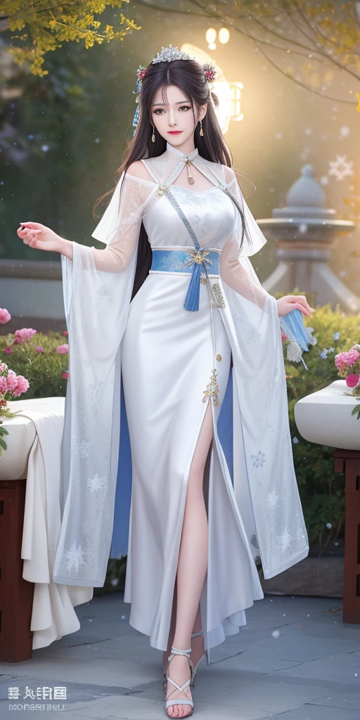 Best quality at best，tmasterpiece，A high resolution，1 busty girl，Full body concept design，Transparent silk porcelain skirt，cotton robe，hair adornments，ssmile，close your mouth，Open your lips，Straight dress，hair adornments，choker necklace，jewely，Hanfu，Long gray hair，ear nipple ring，exquisite and beautiful eyes，Slim lashes, Nice face, human's body, dingdall effect, 真实感, edge lit, twotonelighting,(highdetailskin:1.2), 8k ultra high definition, SLR camera, gentlesoftlighting, high high quality, Volumetriclighting, jumpping， photore, A high resolution, 4K, 8K , in background bokeh, on the garden, Falling snowflakes, Winters, (Colossal tits:0.75)，