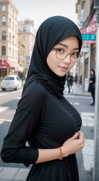 (A woman:1.5), korean, (wearing long hijab:1.4, long sleeve, classical glasses), (leanning forward pose:1.4) on the street in rainy day in the distroyed city, beautiful detailed eyes, grey blue eyes, beautiful face, peaceful smiles, s-line postures, low angle view, seen from below, (extreme close up, (head to breast) only), sunlight streaming through the building, cheerful ambient, colorful atmosphere, vibrant colors, natural beauty, youthful energy