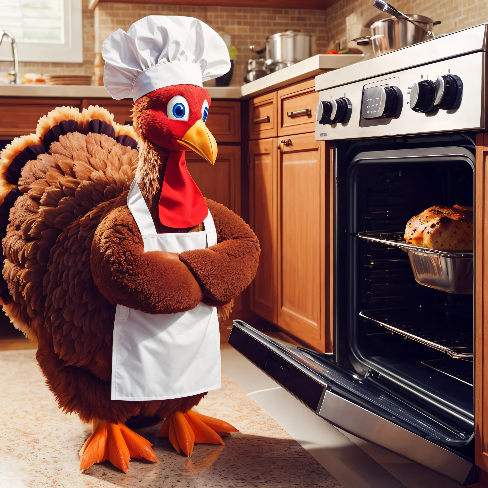 A turkey wearing an apron is watching the oven in the kitchen