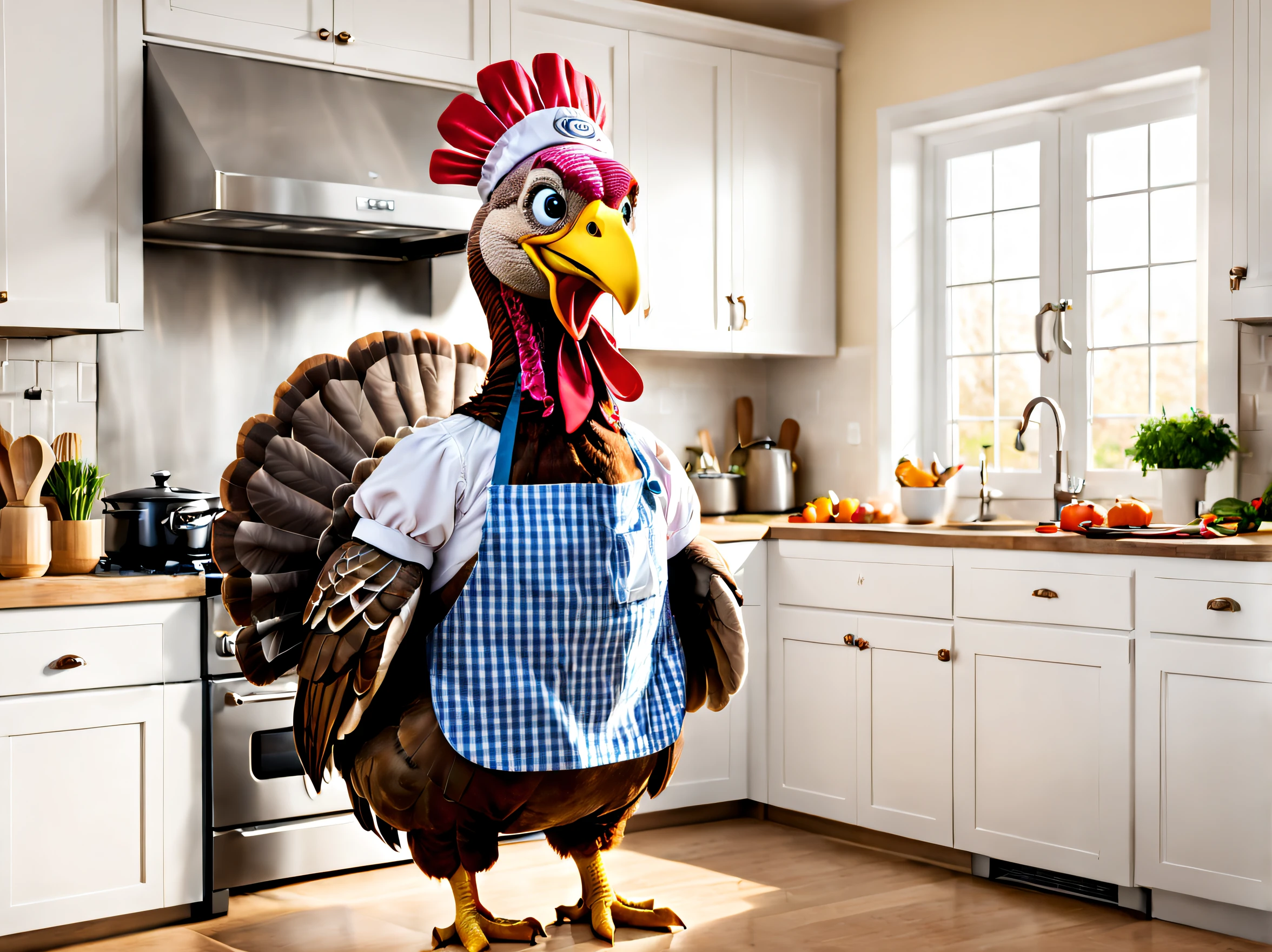 A turkey wearing an apron is watching the oven in the kitchen