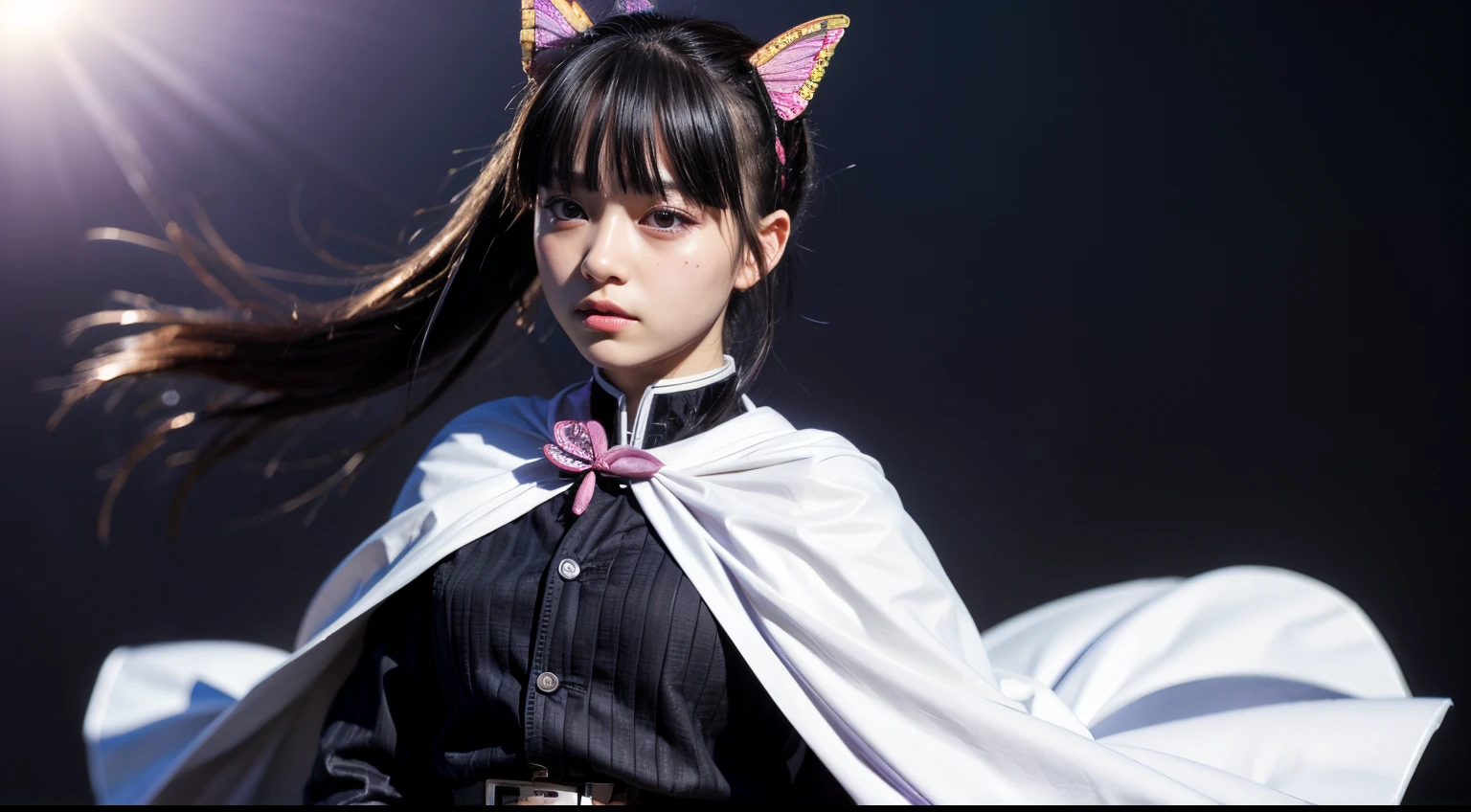 kanao tsuyuri, black hair, butterfly, butterfly hair ornament, (purple eyes:1.1), side ponytail, ponytail, black skirt, cape, demon slayer uniform, long sleeves, pleated skirt, skirt, white cape, upper body, detailed face, detailed eyes,