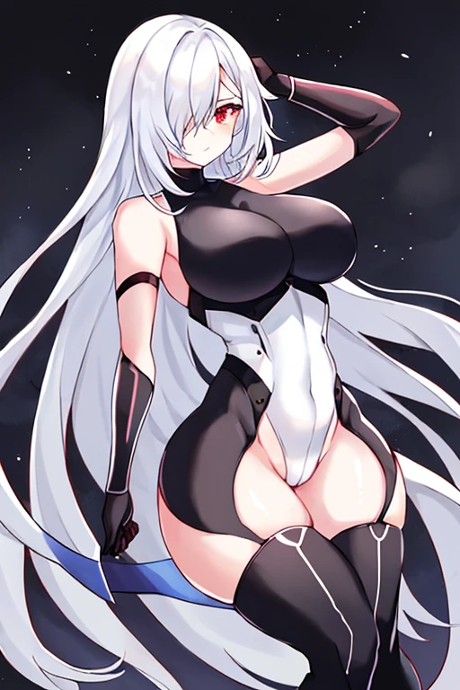 1girl, white hair, leotard, futuristic, bodysuit, thick thighs, wide hips, large breasts, breasts, long hair, red eyes, one-eye covered, serious, hair over one eye, hair over one-eye, science-fiction, thigh strap, sleeveless, black leotard, black clothes, black gloves, 2d, anime style, anime screencap