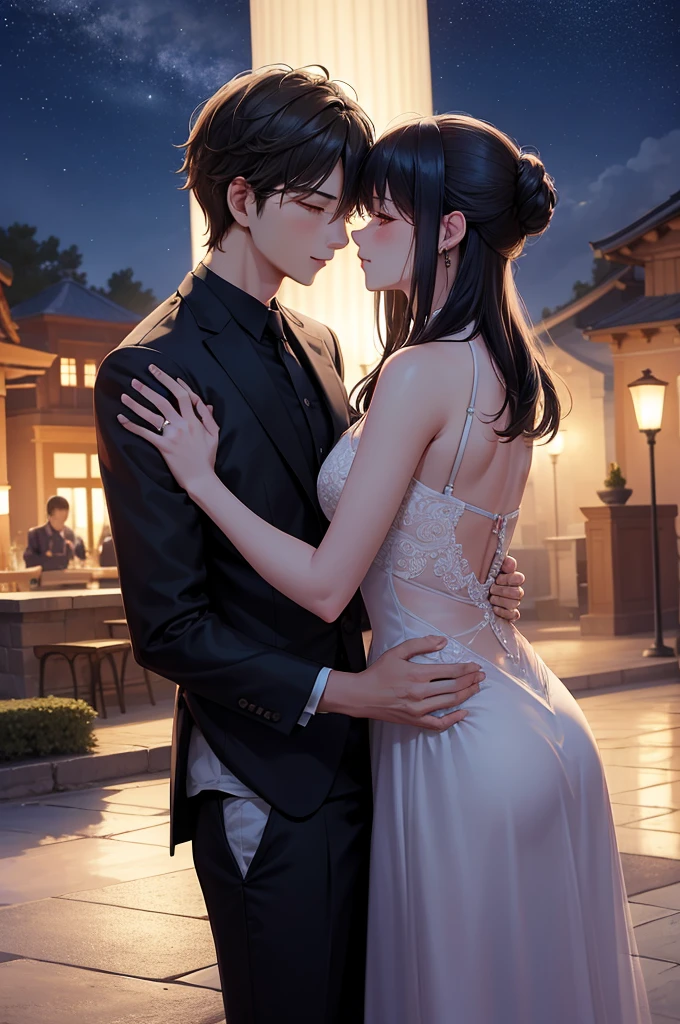 "a passionate couple (man and woman) Kissing under the moonlight, stars shining bright, Describe their love story, scenic view, stunning detailed, 超詳細, High quality 4k images."