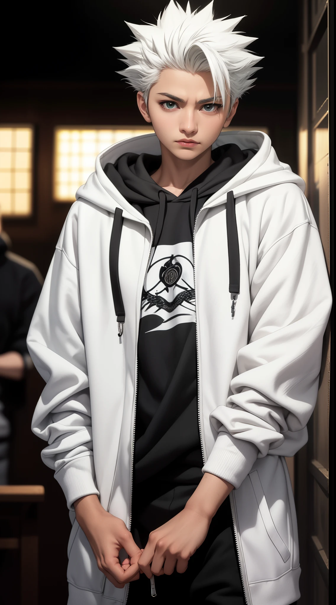 masterpiece, best quality, high quality, 1boy, solo, male focus, looking at viewer, upper body, hitsugaya_toushirou, wearing Streetwear Hoodie, dinamic lighting, blurry background