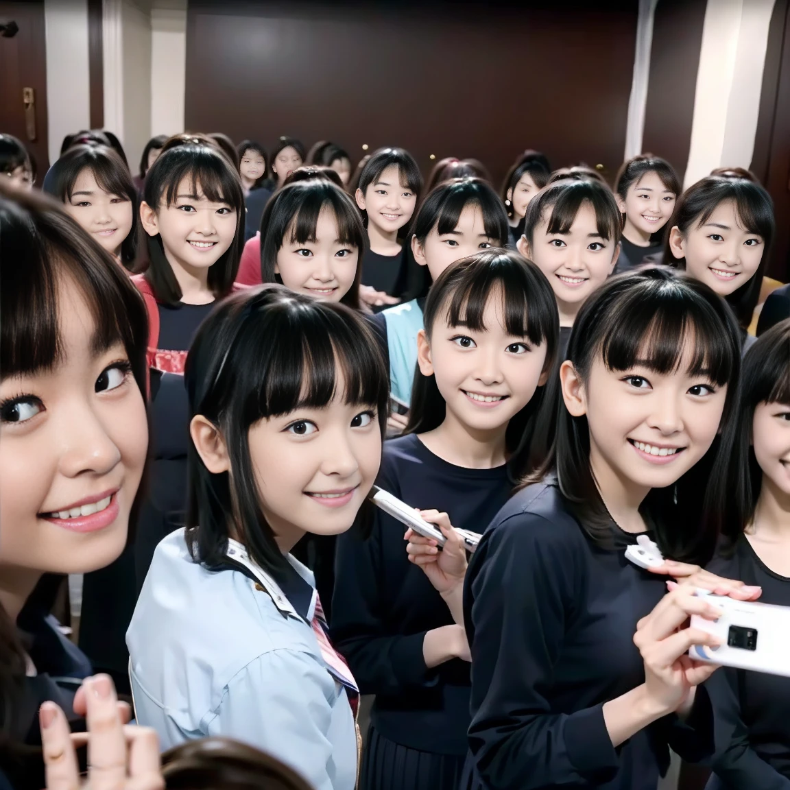 a picture、(((multiple girls))),((((6+girls)))),((((100girls)))),(((1000girls)))、((((100 Girls))))、(((crowd shot))),Women only、The same face、School Uniform、************、Long black hair、100 cute girls、ssmile、Selfie stick、‎Classroom、Raw photo、(((Large group)))、a ****** high school *******,during daytime