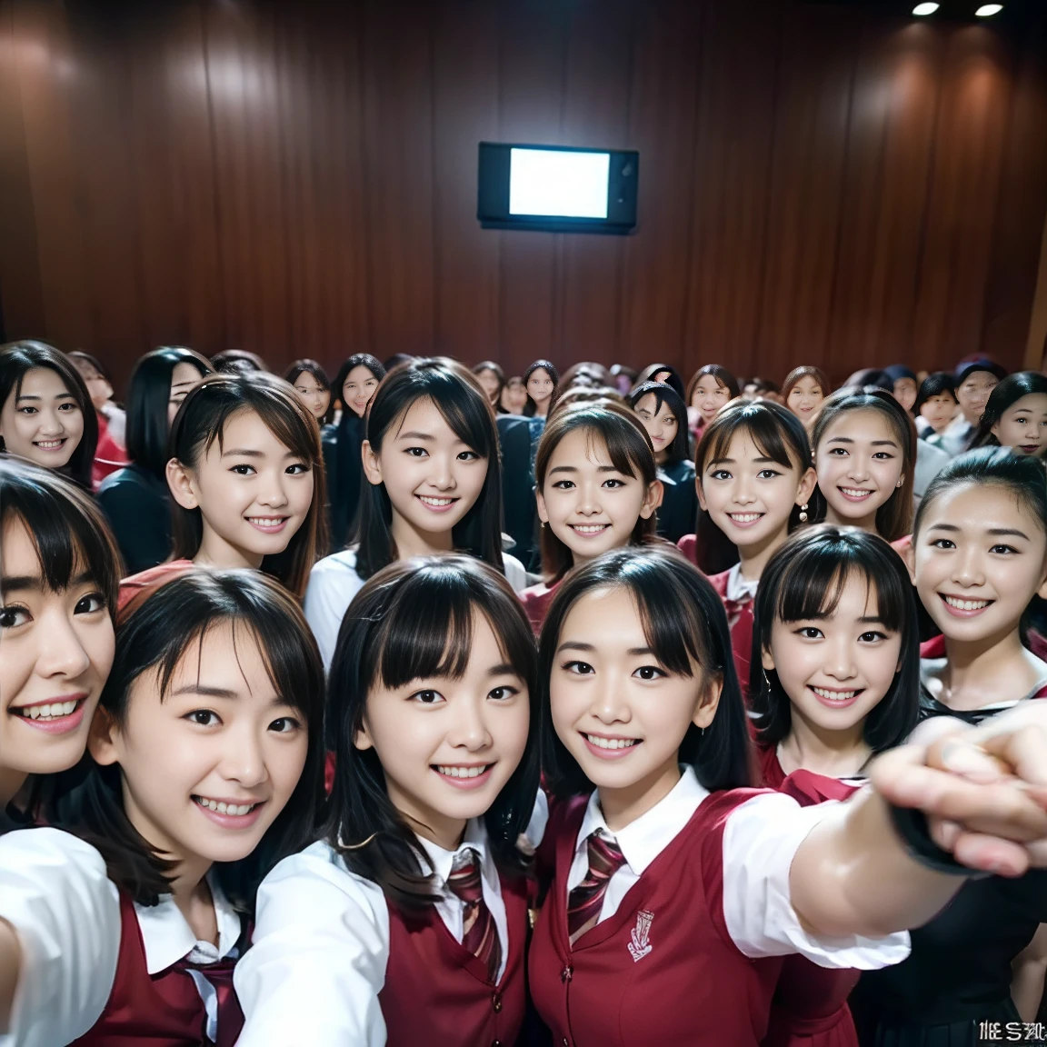 a picture、(((multiple girls))),((((6+girls)))),((((100girls)))),(((1000girls)))、((((100 Girls))))、(((crowd shot))),Women only、The same face、School Uniform、、Long black hair、100 cute girls、ssmile、Selfie stick、‎Classroom、Raw photo、(((Large group)))、a junior high  student,during day