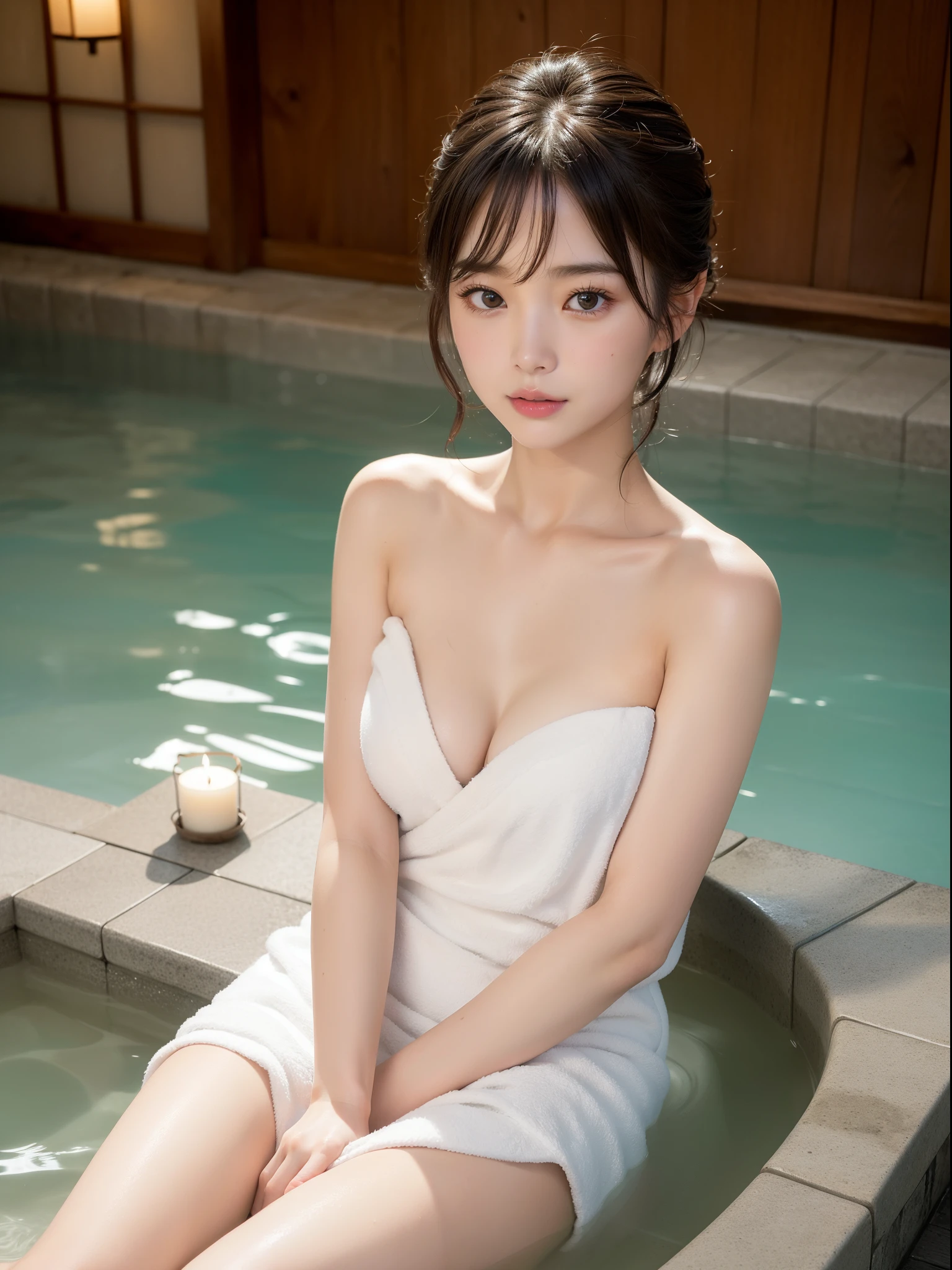 ((of the highest quality, 8K, masutepiece: 1.3, Raw photo)), Sharp Focus: 1.2, (1 AESPA Girl :1.1), Solo, (Realistic, Photorealistic: 1.37), (Face Focus: 1.1), Cute face, hyperdetailed face, (short messy hair: 1.2), Small Smile, Small breasts, flat chest, (open-air bath at night in a hot spring inn in Japan: 1.2), (blush: 1.2), (naked: 1.3), (girl is soaking in hot water: 1.3), (night:1.5), (water vapor:1.2), ((Towel is hiding from chest to locality, naked towel, wearing towel: 1.1)), moon light