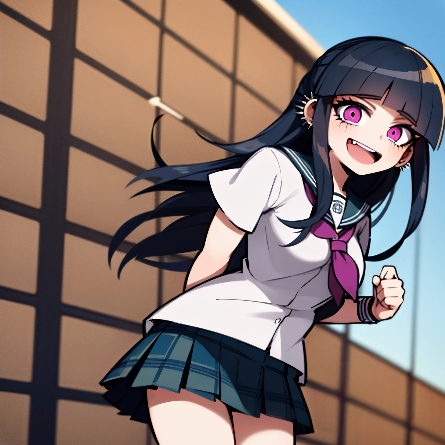 1girl, black hair, assymetric hair, symetric bangs,japanese student outfit, dark green plaid skirt, nose and ear piercings, purple highlights in hair, bulging eyes, happy expression, in one school, japanese school, 4k, masterpiece, Anime, HD,