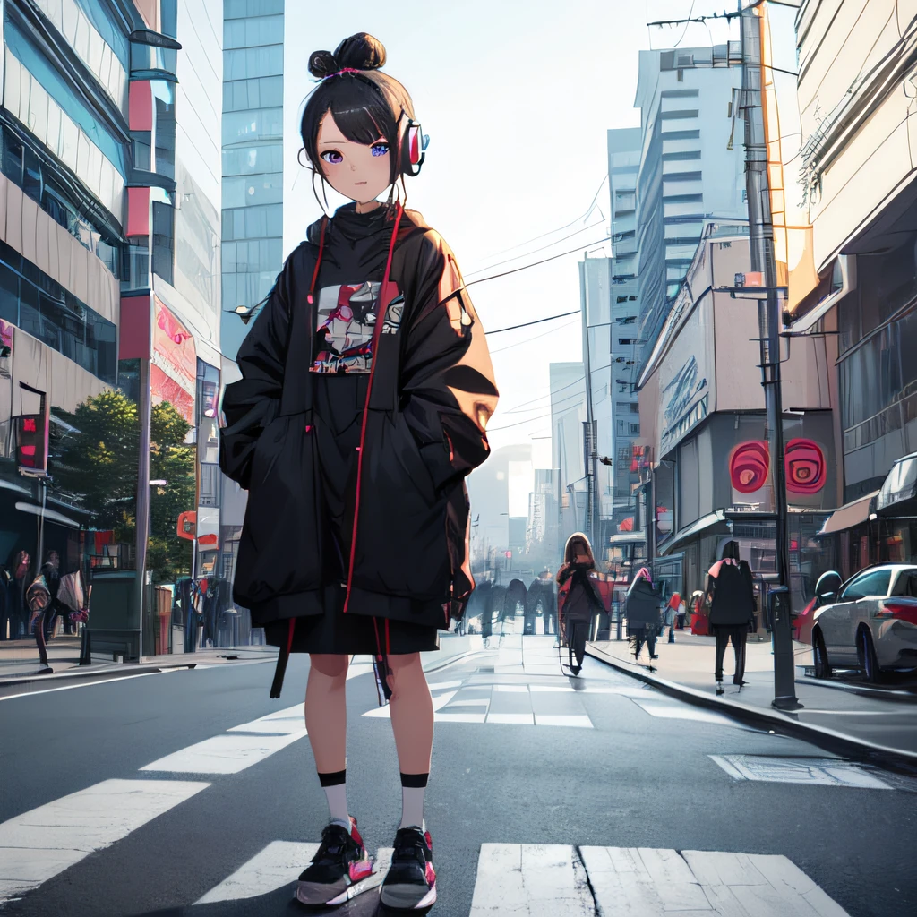 hair-bun, hair pin, Long eyelashes, evilsmile, naughty, Suitable for 6 years old, Original, Full body lesbian, microphones, Fully enclosed headphones, street frontage, People drawing, Standing painting, Japanese cartoon, style of anime, depth of fields, wide angles, in a panoramic view