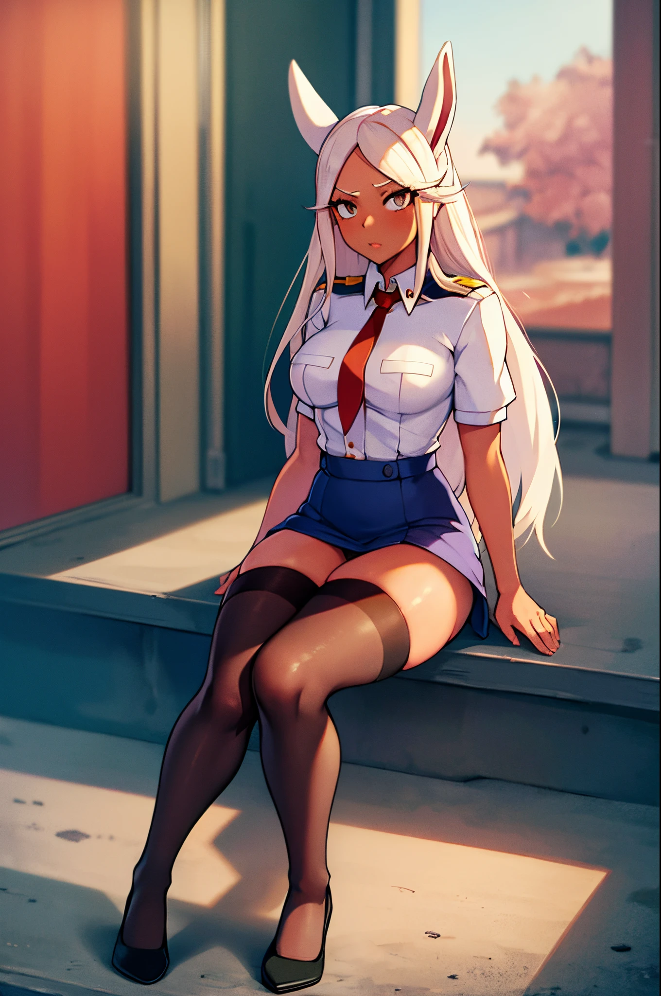 Miruko from my hero academia, upskirt, stockings, sexy and beautiful girl, soviet surroundings, style of the USSR, pioneer counselor clothing, erotica, Soviet Union, ussr, hentai, girl shows her panties, Rabbit ears on the head, Long white hair, dark-skin,